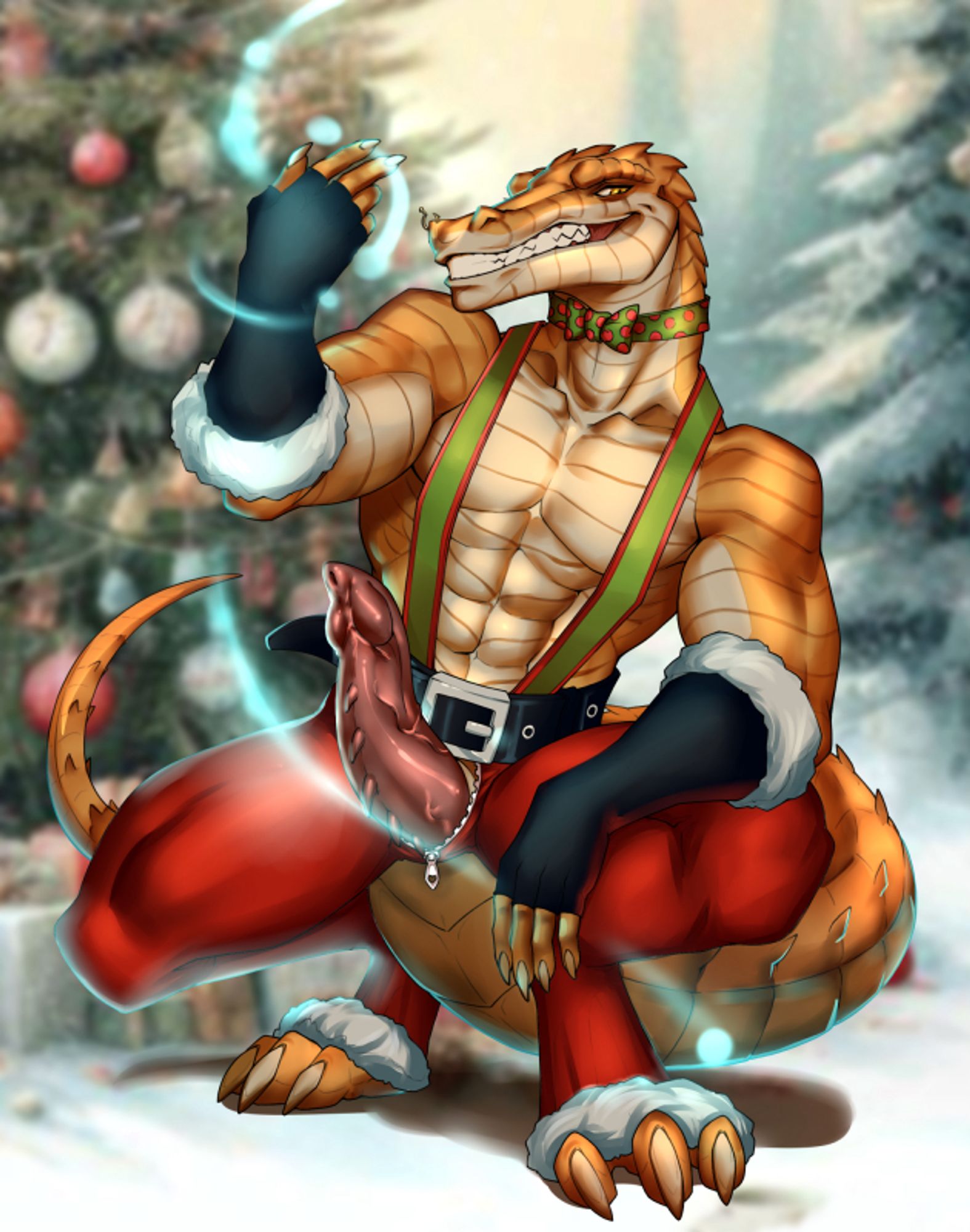 A gator showing off what he has in christmas uniform~