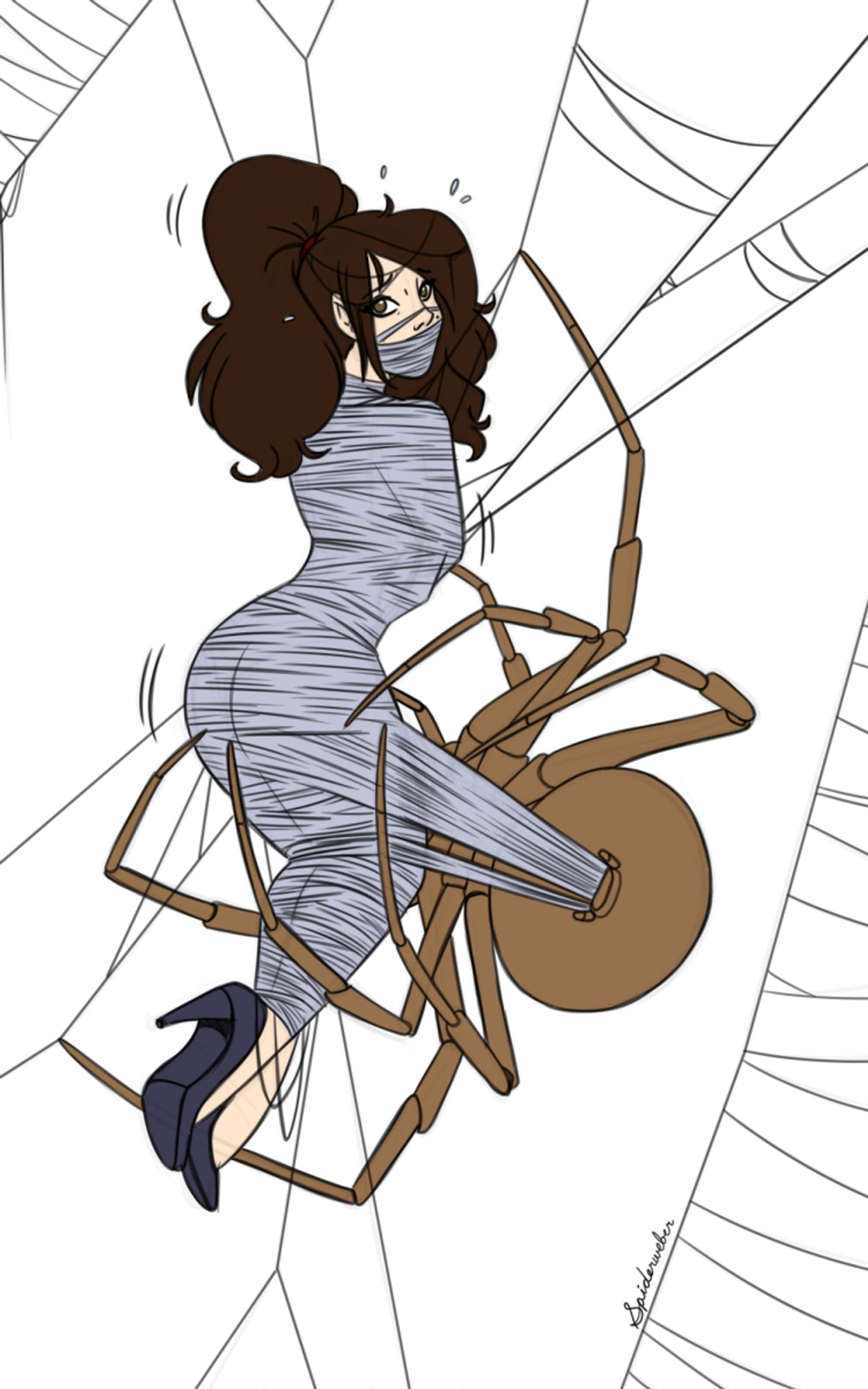 The same lingerie clad woman from a previous artwork was unsuccessful in her escape attempt from the massive spider web. She has now been captured and cocooned, pleading and writhing about in her full body restraints.