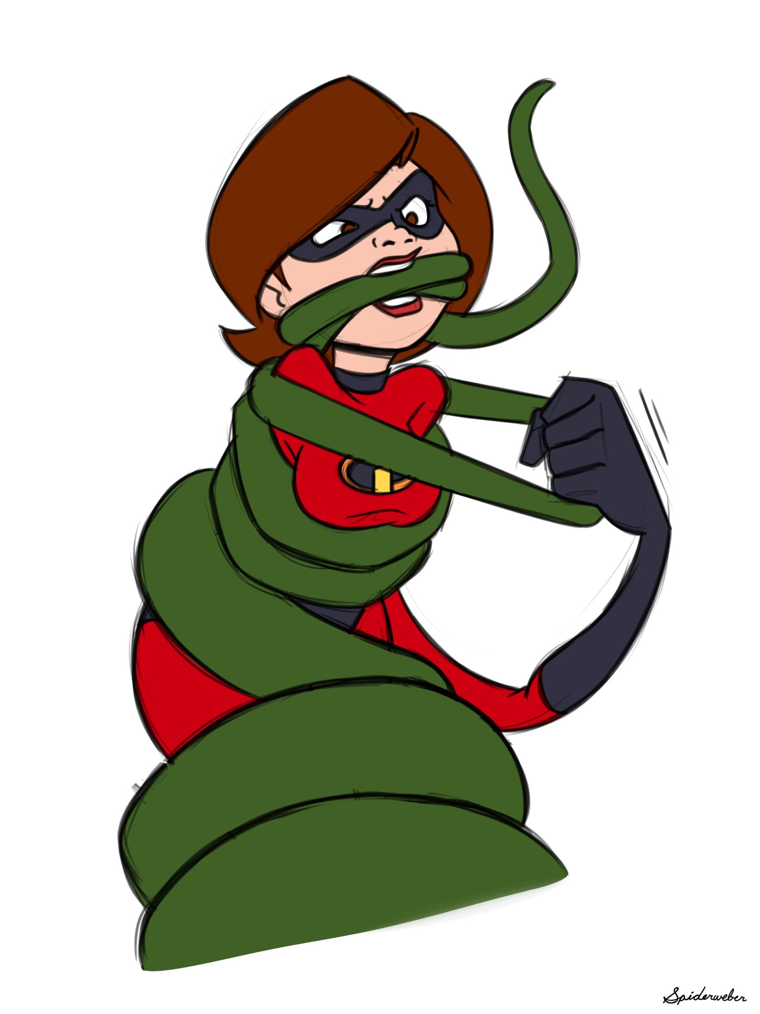 Mrs Incredible has been captured and coiled in a number of tentacles. She's struggling to pry them off, but they have her bound tight.