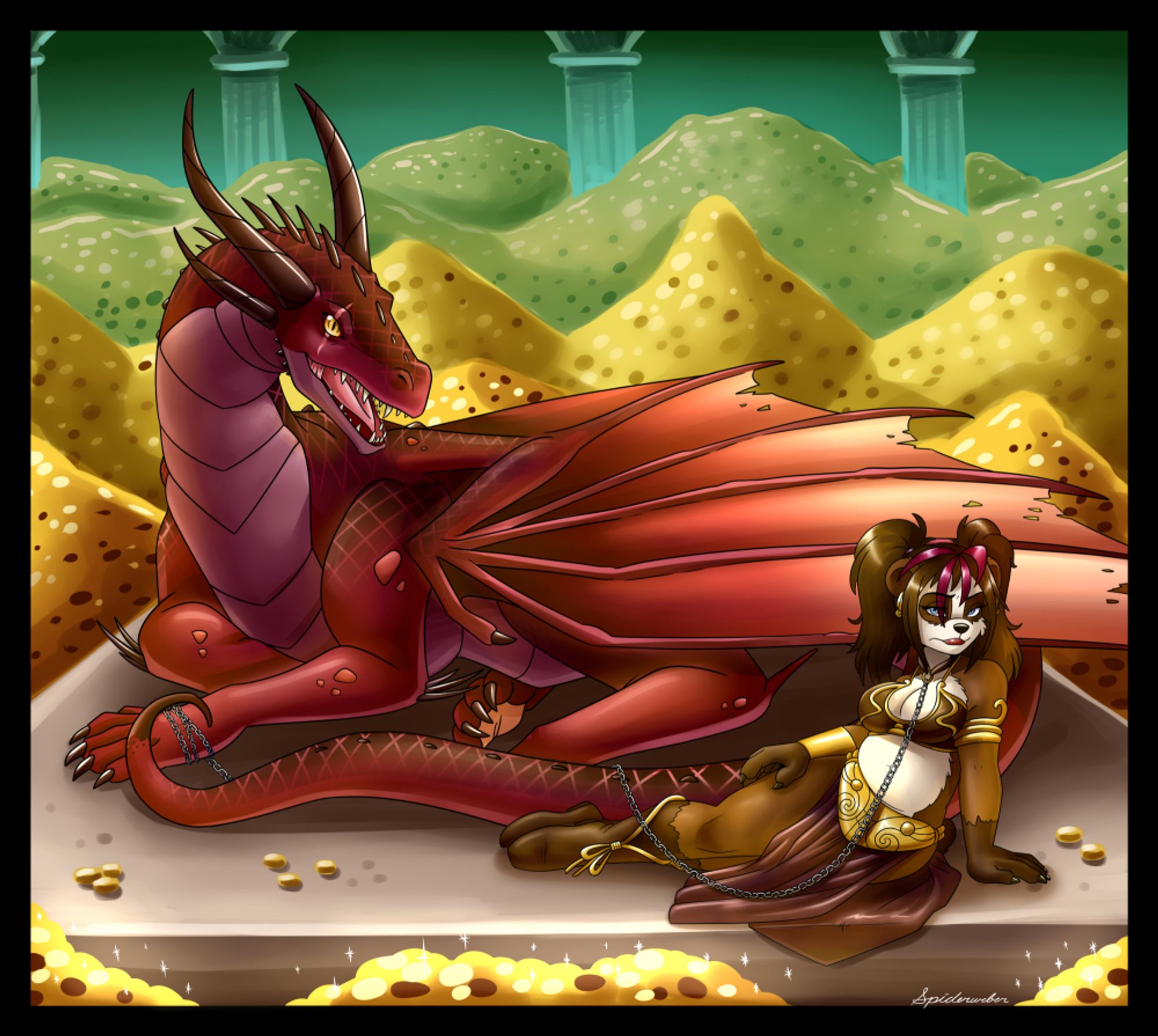 a massive dragon sitting atop a horde of gold and jewels has a pandarian woman dressed in a sexy slave outfit and leashed with a chain.