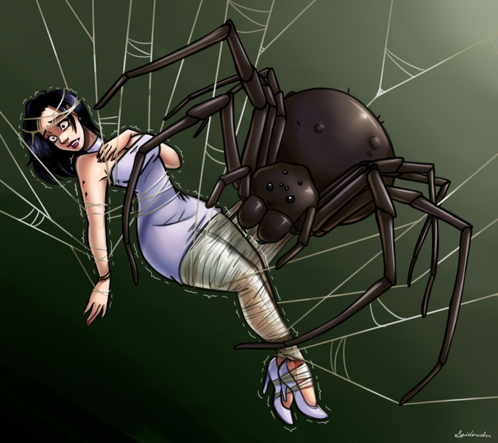 A woman has been trapped in a spiderweb, and is unable to move as the spider has bitten her with paralytic venom and is wrapping her up in a tight, form fitting cocoon.