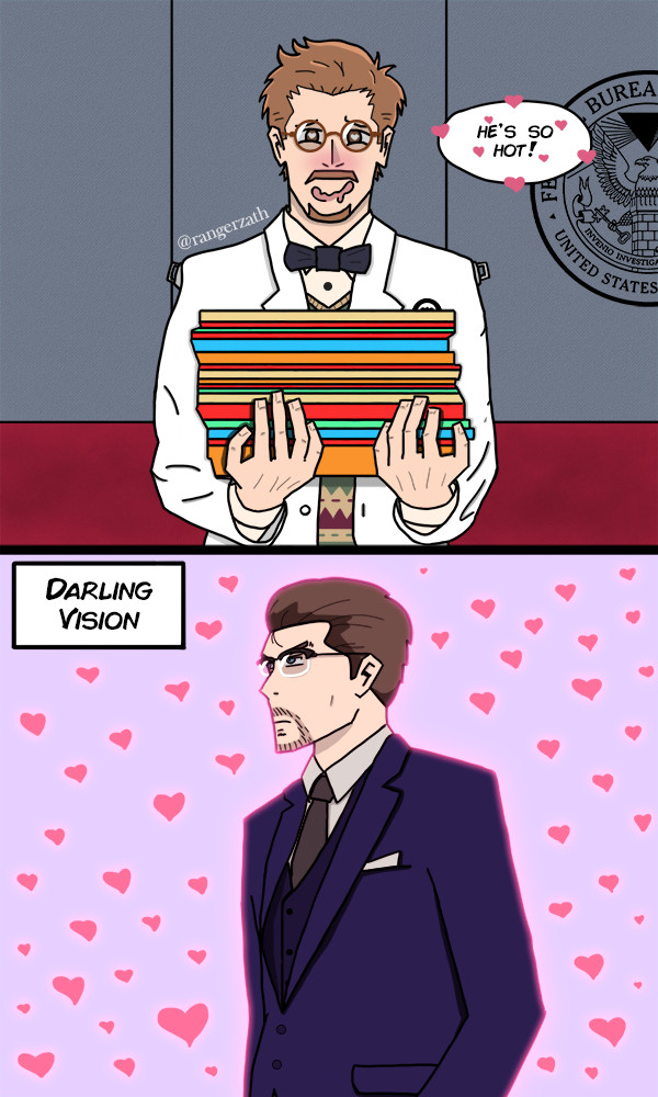 Image Description: Casper Darling holding a stack of files as he runs into Zachariah Trench and immediately falls in love. Comic speech bubble says "He's so Hot!". Second panel shows Zachariah Trench surrounded by a bunch of hearts with the title panel stating Darling Vision. Art created by RangerZath. End image description. 