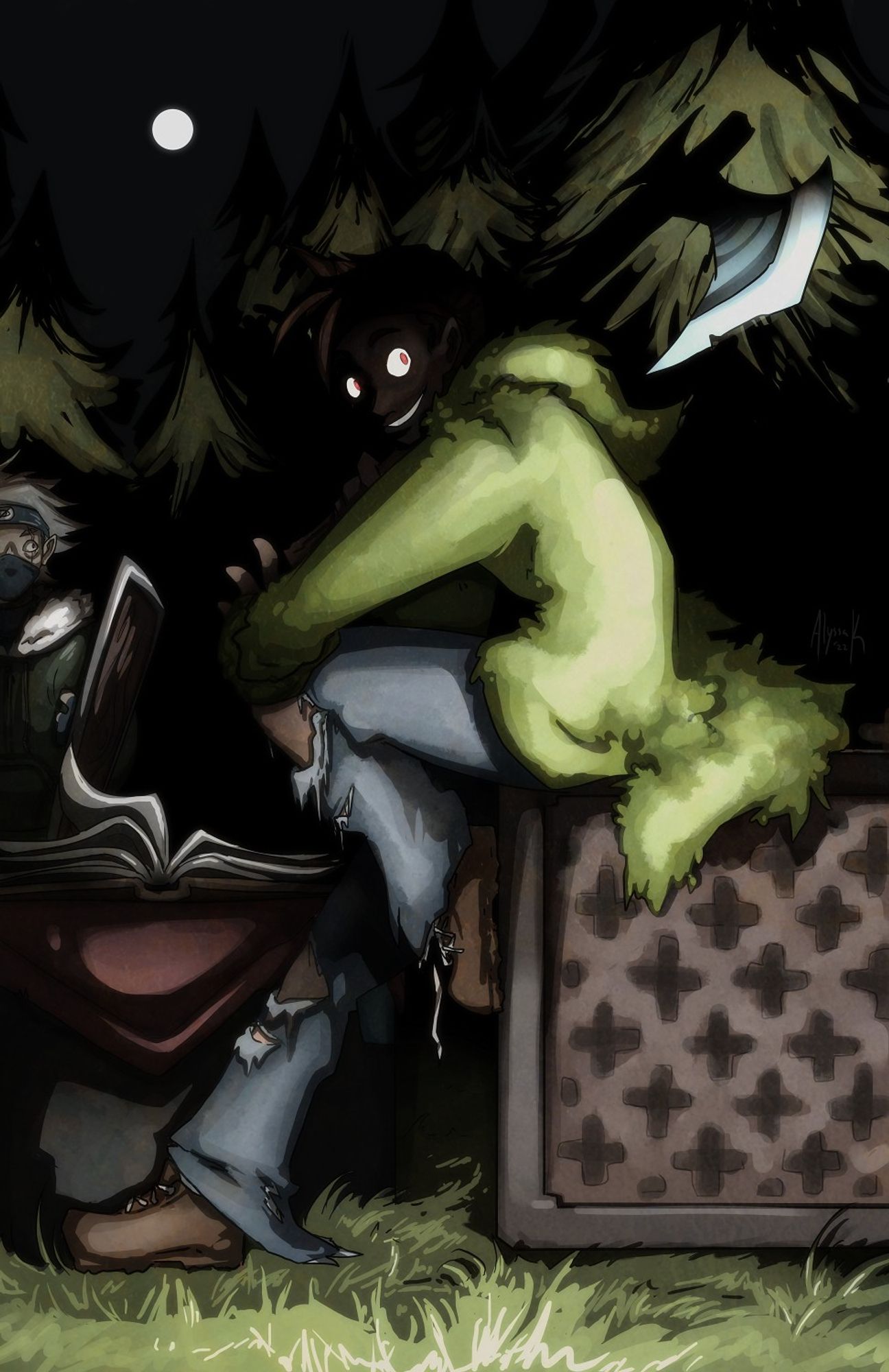 an illustration of bdubs and etho from the last life series in the woods at night around the enchanting table, lit creepily like an old flash photo with bdubs staring eerily at the camera