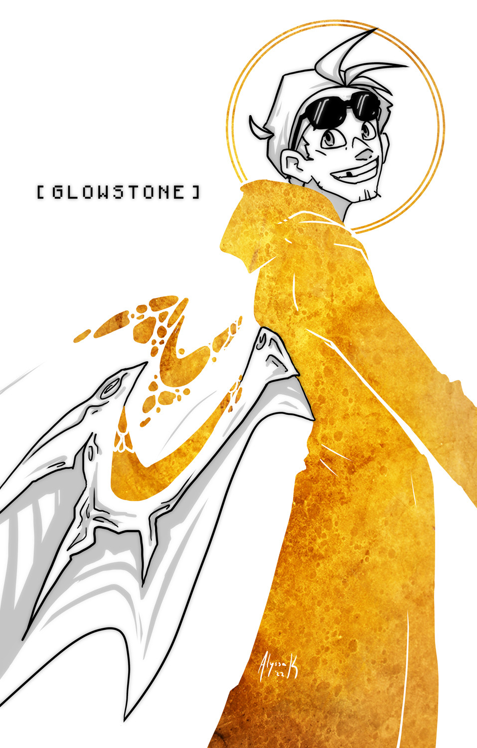 a stylized white and gold picture of bdubs with his glowstone cape and sunglasses