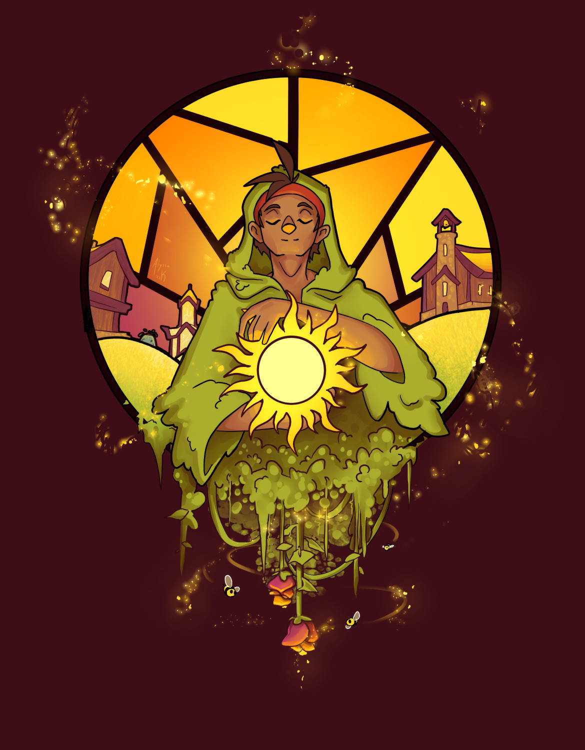 a stained glass styled picture of bdubs in warm tones, holding a sun in front of gem's empires season 2 base