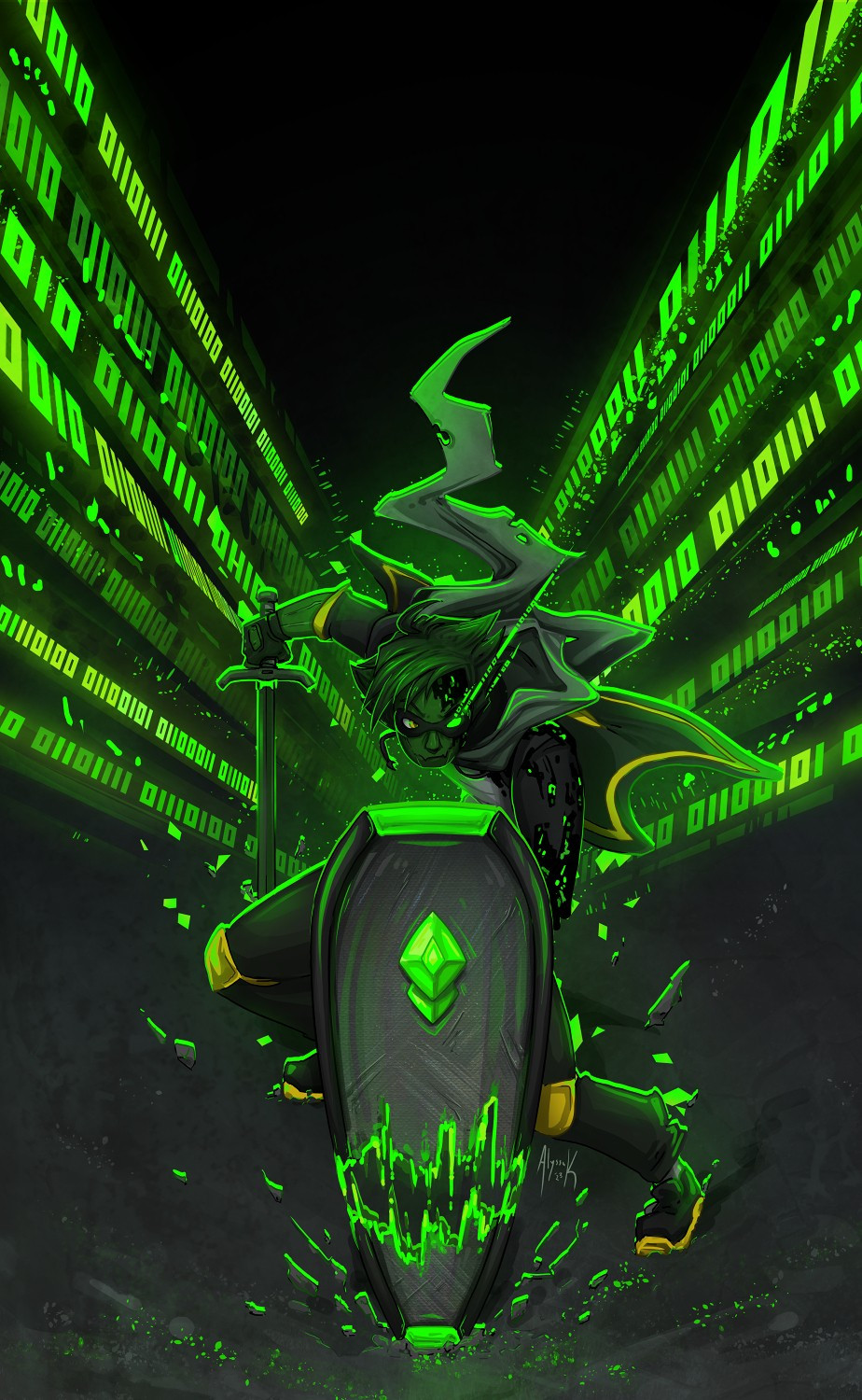 an illustration of q-etoiles holding up his shield with lots of code effects