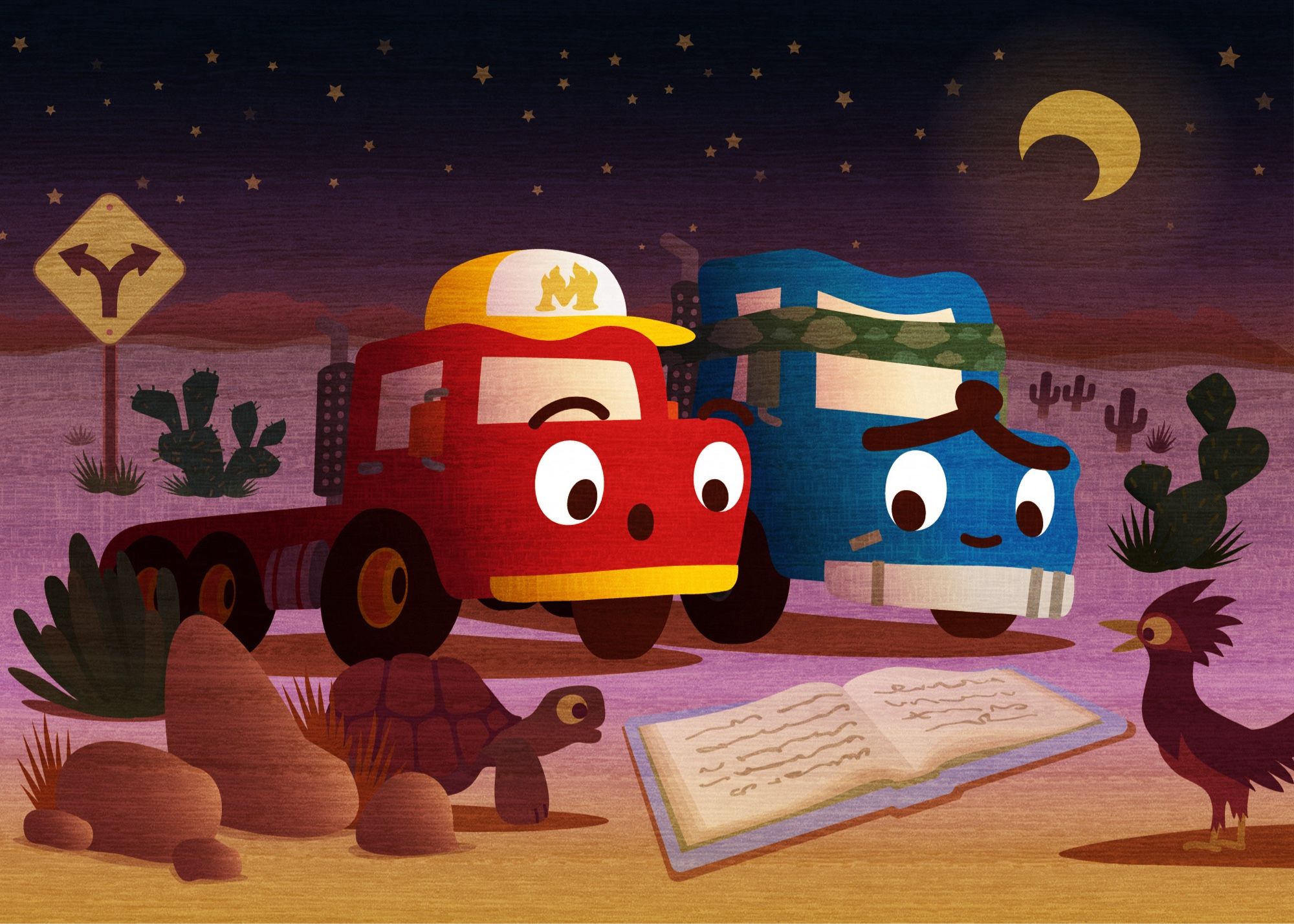 Two cartoon trucks reading a book together. A tortoise and road runner in the foreground look on.