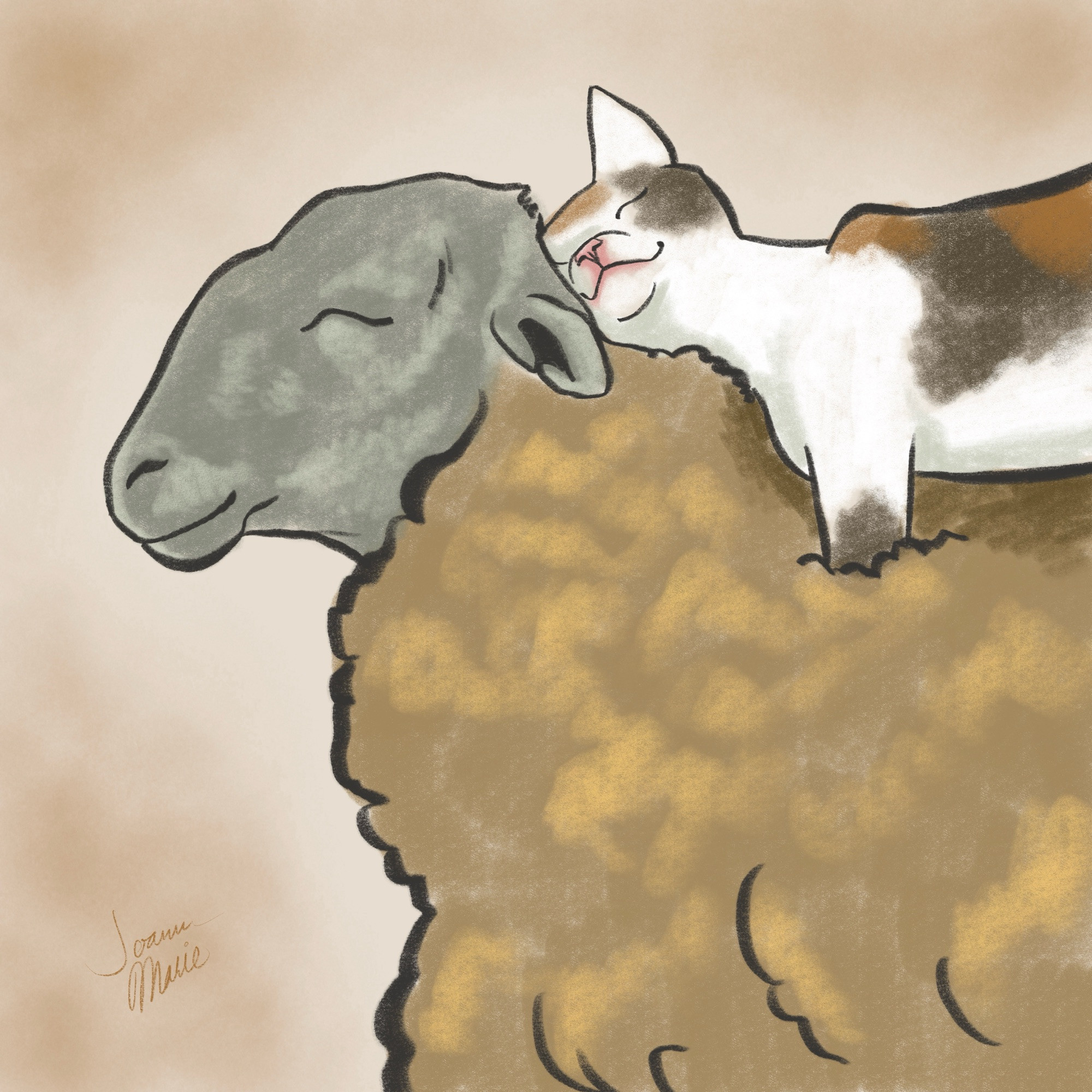 Digital drawing of a cat standing on a sheep’s back, elbow deep in wool, nuzzling its face against the sheep’s head.