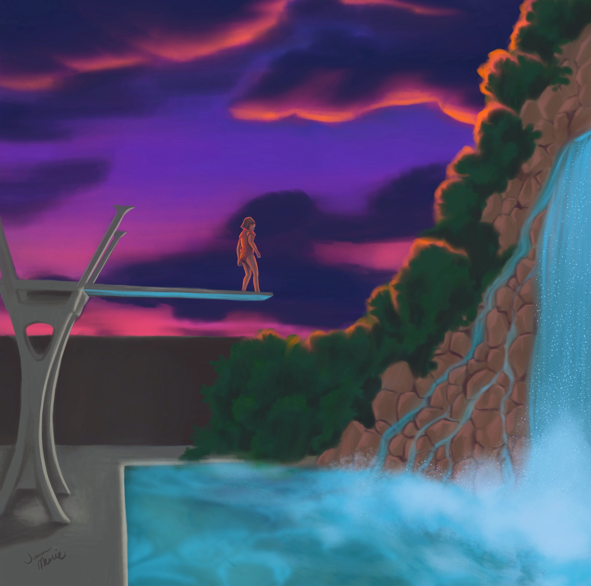 Young girl at sunset, standing on the edge of a diving board about to jump into a community pool that is turning into a mountain and waterfall at the far side.