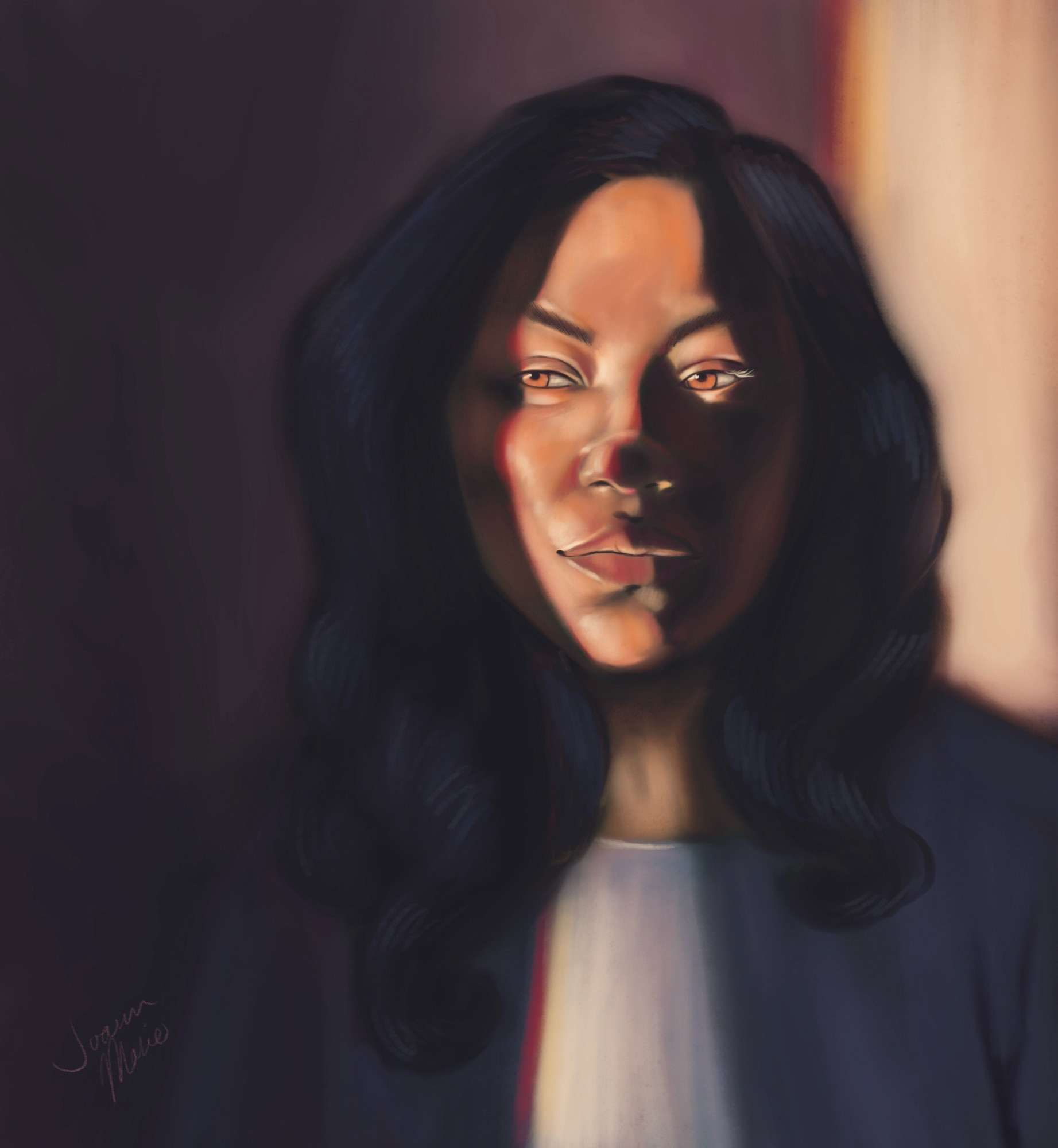 Digital painting of a woman standing mostly in the dark, with a bright beam of light shining down the middle of her face from a location off the left hand side of the page.