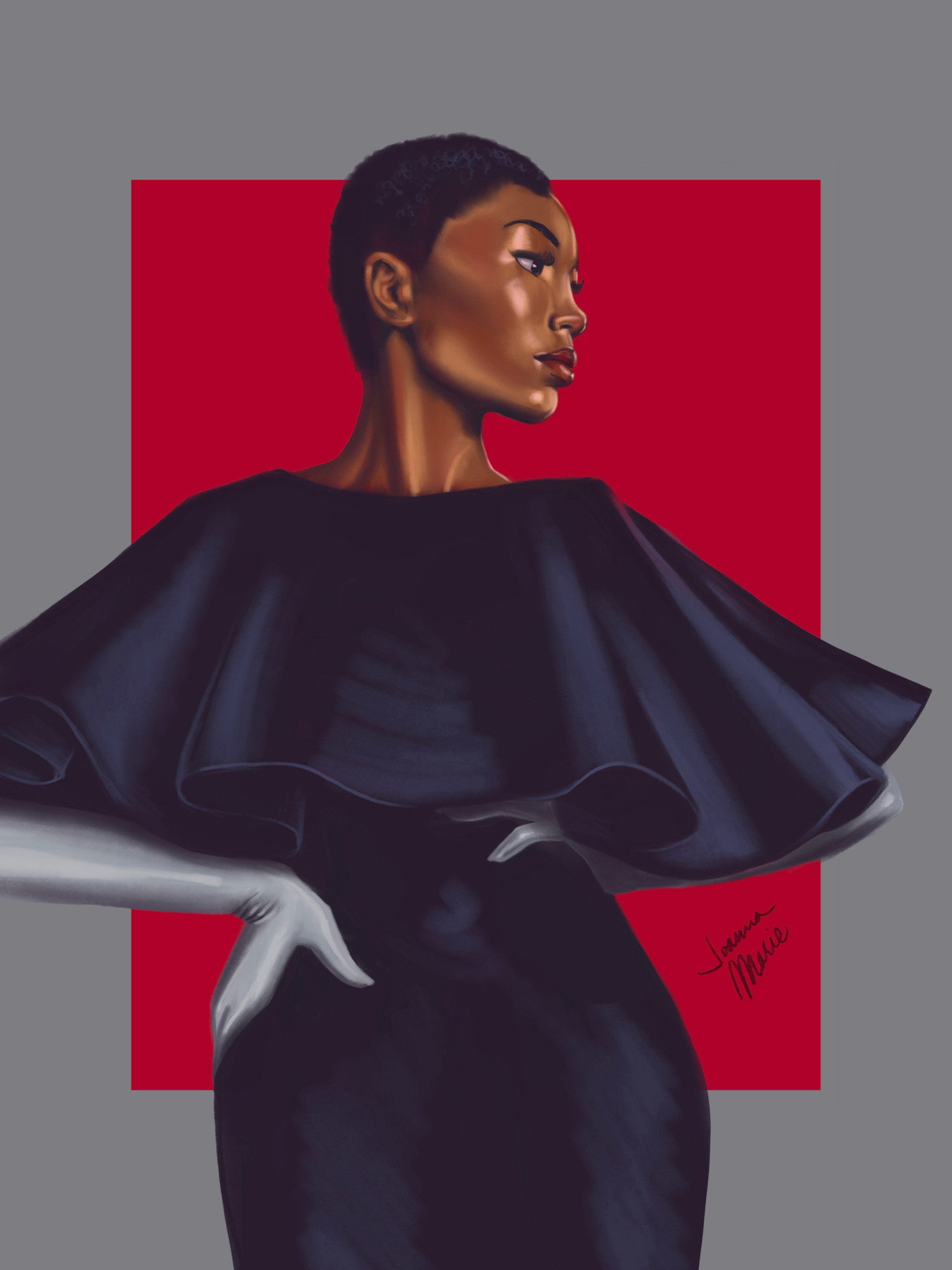 Digital painting of a black woman with short, natural hair, hands on her hips and looking off to the side. She is wearing a black gown with a large, structured cowl.