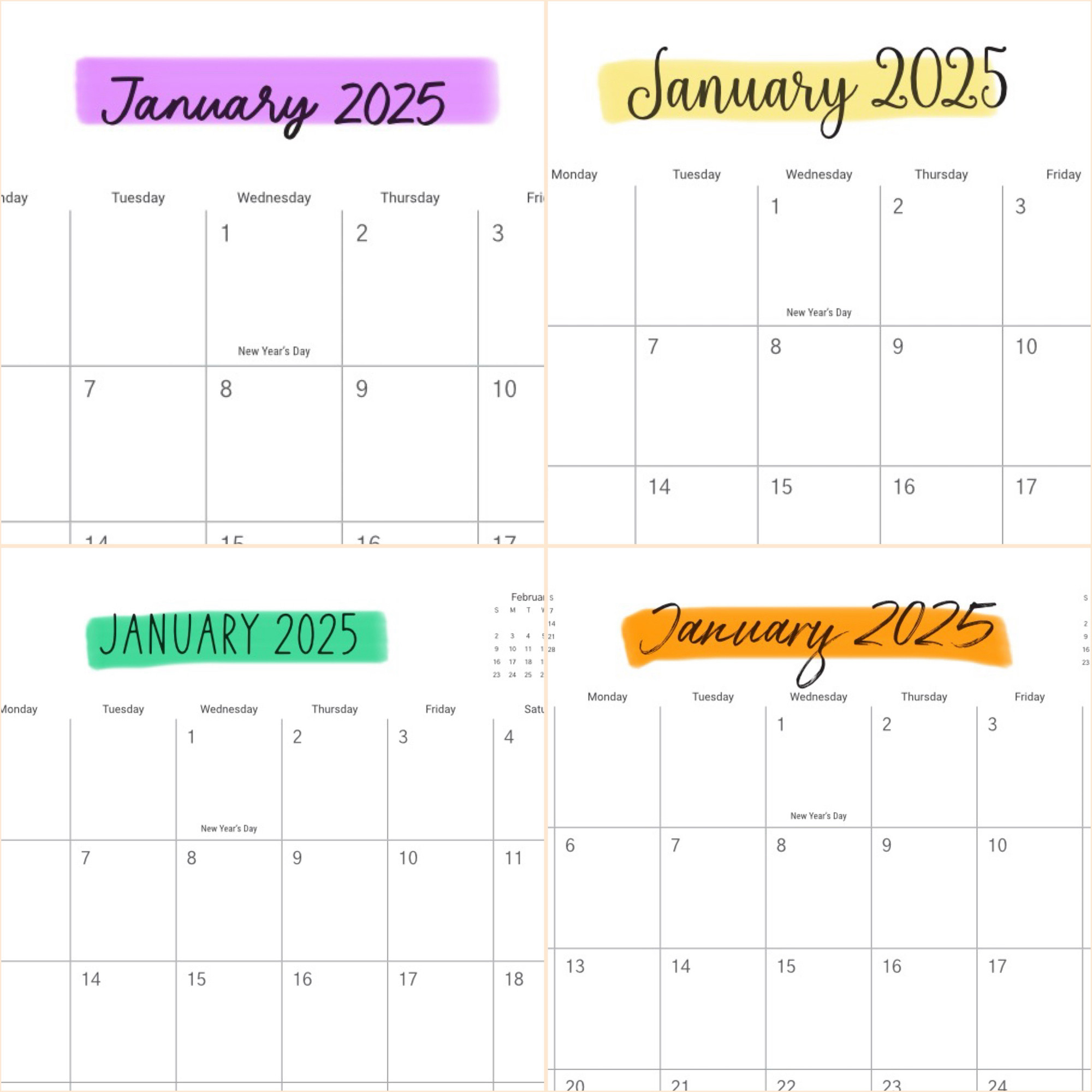 Image of four calendar pages with January 2025 written in different fonts and highlighted in purple, yellow, green and orange.