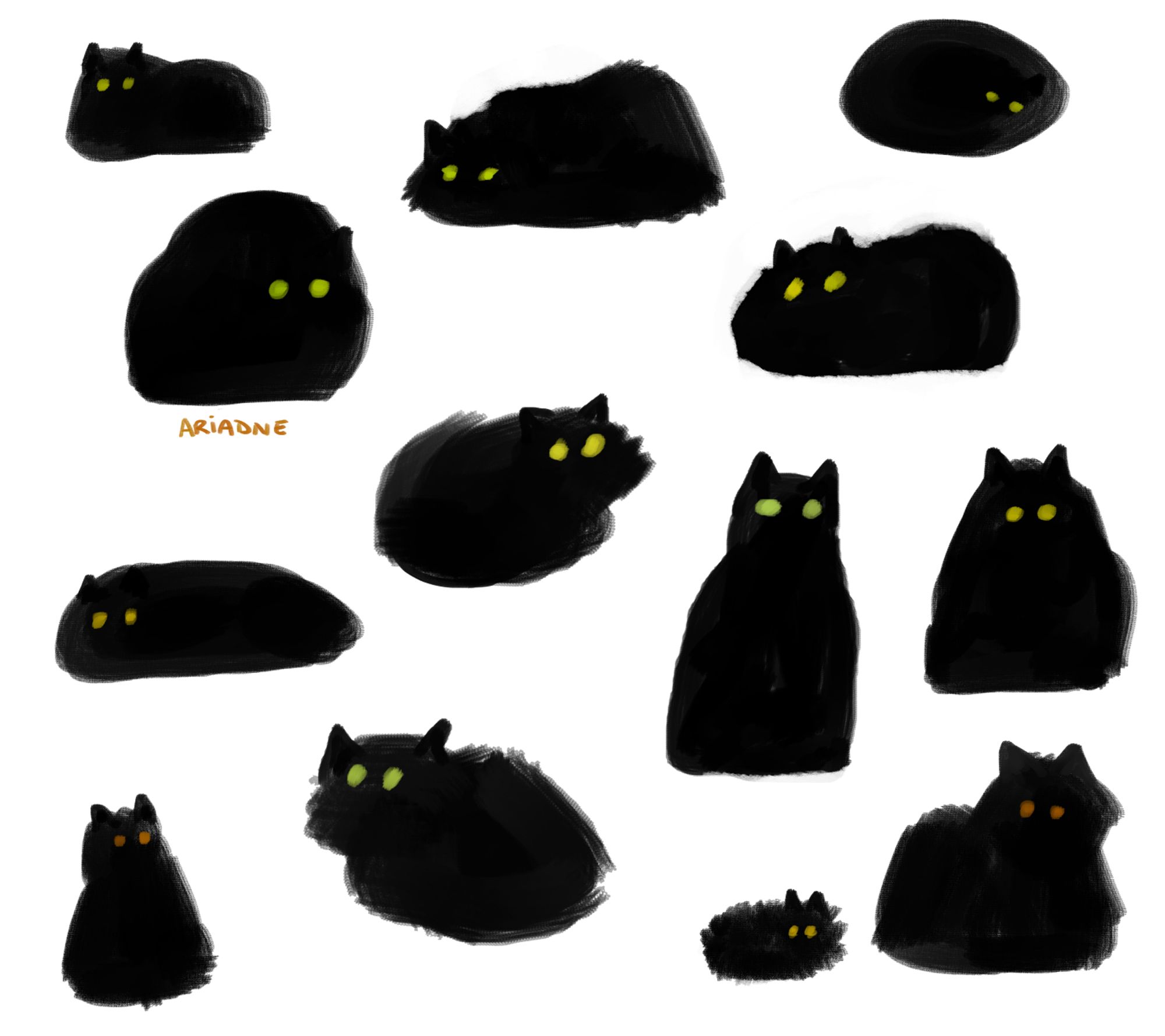 Digital art depicting a collection of 13 of blobular black cats spaced out evenly across a white background, drawn as simple black silhouettes with bright yellow, green, or haunting orange eyes, with their ears being the only thing that sticks out from the general blob shape.  They are both eerie and silly at the same time.