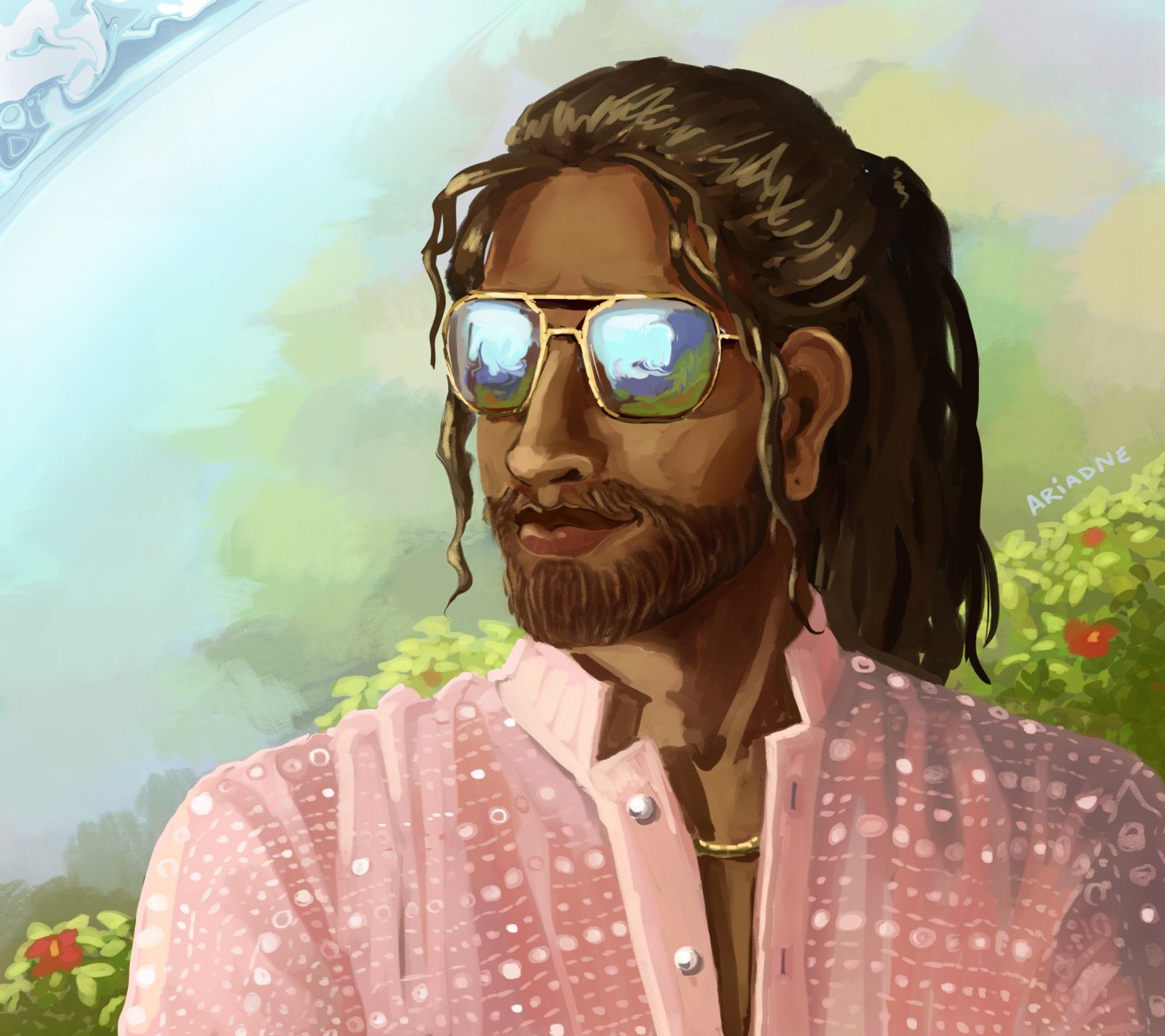 A digital painting of Jonas Spahr from the shoulders up against a bright garden background with a blue dome of sky above, a swirl of the mica shield visible in one corner.  Jonas wears gold-framed aviators and a pink kurta with valor-bead buttons and a raised textile pattern that glints in the sun.  He looks off to the left with a small smirk, his expression behind the opaquely reflective aviator sunglasses suggesting gathered eyebrows, as though judging something and finding it lacking.