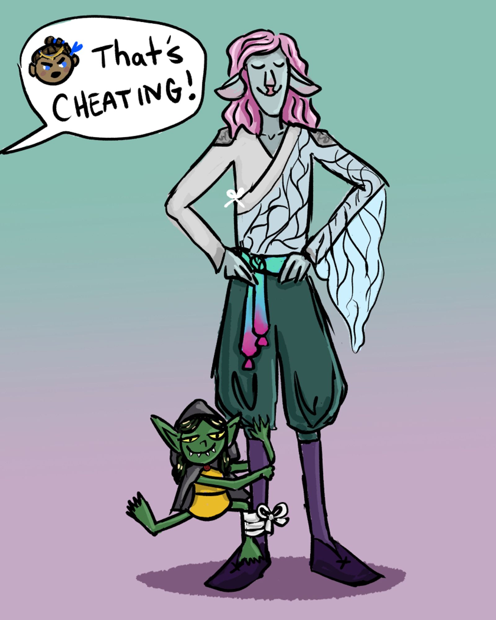 Digital art in a simple, cartoonish style, depicting Caduceus Clay and Nott the Brave from Critical Role.  Caduceus is a tall, gangly firbolg with pink hair and grey skin.  Nott is a tiny goblin with black hair, yellow eyes, and green skin.  Caduceus stands with his hands on his hips, eyes closed and smiling serenely.  Nott has her skinny shin tied to Caduceus's right ankle, and she is standing on his shoe with one foot while she grabs his knee for support.  Her other leg is stuck out comically to the side.  She grins toothily, eyes smug.  She is absolutely miniscule compared to Caduceus, and her leg being tied to his leg is less like a 3-legged race and more like "Cad has an ankle weight on one side".  A speech bubble from off screen with a tiny irate chibi face of Beauregard Lionett says, "That's CHEATING!"