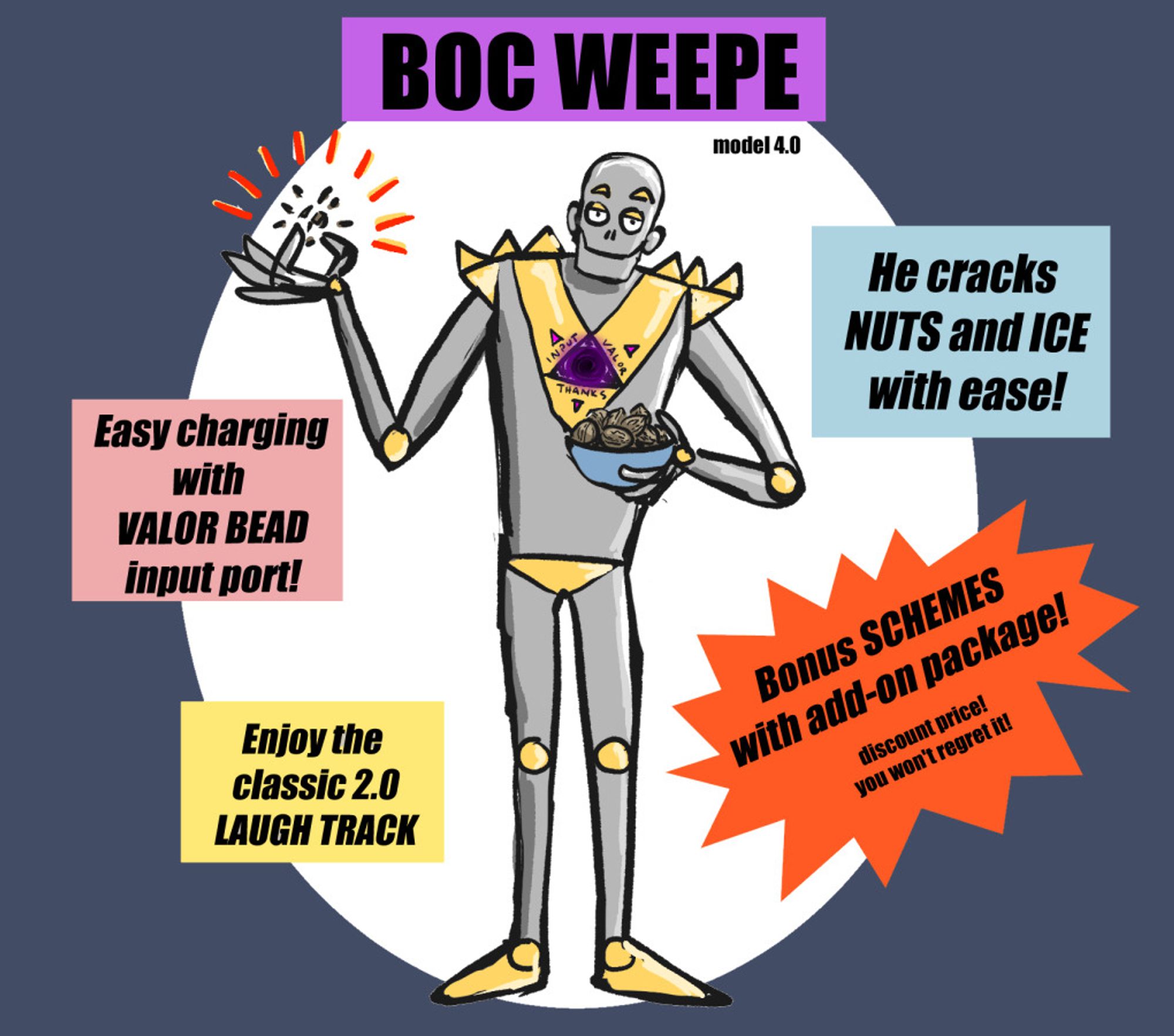 Digital cartoon of Moc Weepe from Midst, but as a robot in a product promotion ad.  "Boc Weepe" is silver and gold and is holding a bowl of walnuts with one hand while he crushes one in his fingers with the other, a smug smile on his face.  The ad is titled "BOC WEEPE, model 4.0".  Taglines read, "He cracks nuts and ice with ease!" "Easy charging with Valor Bead input port" "Bonus SCHEMES with add-on package!  Discount price!  You won't regret it!" and "Enjoy the classic 2.0 laugh track!"  There is a glowing purple Fold hole in the middle of his chest, labeled "INPUT VALOR THANKS".