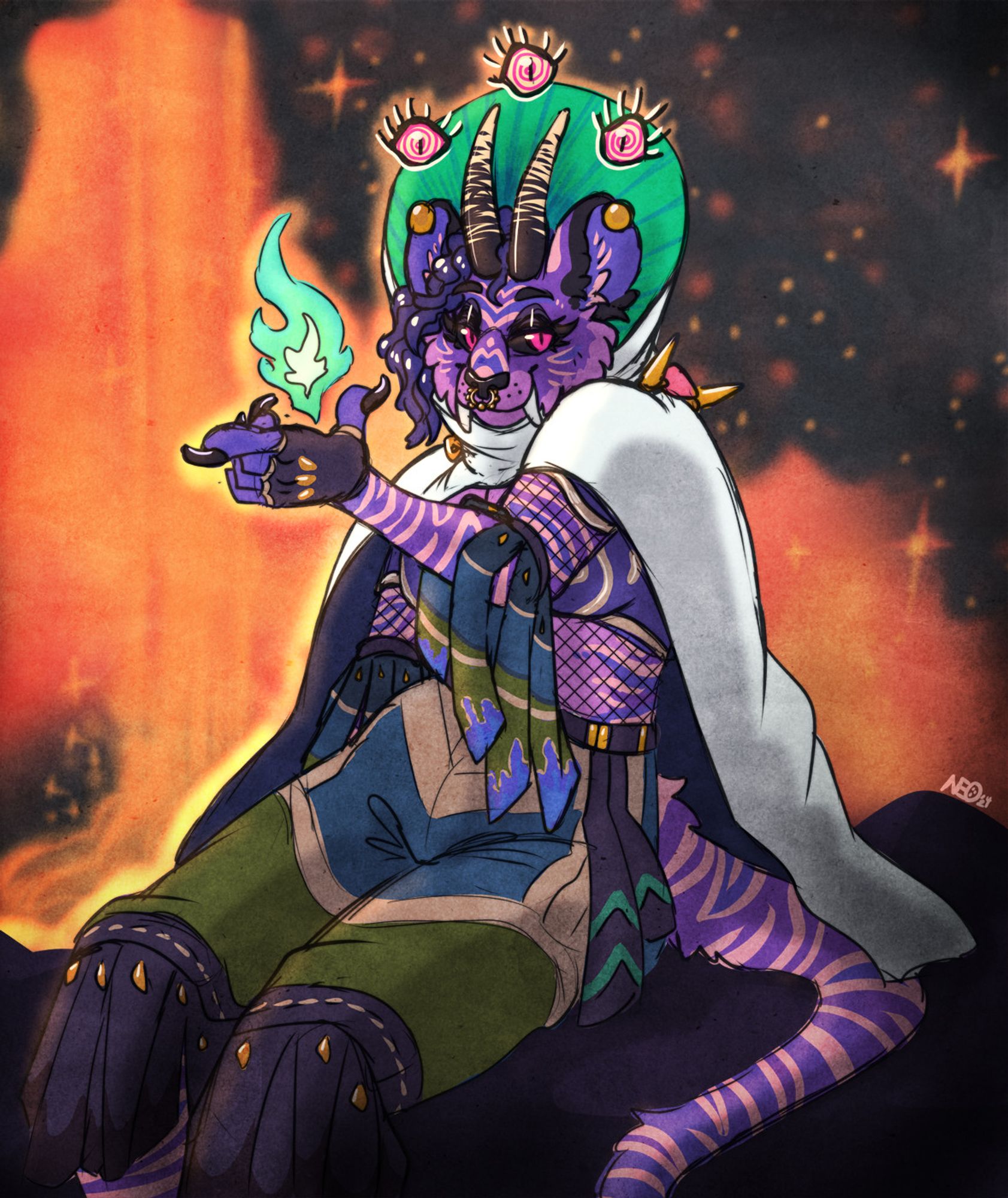 digital drawing of a purple demon tiger anthro character in elaborate clothing, conjuring a blue flame in her raised hand. She's seated in a black rock cave with a "lavafall" (or would it be magma?) and river in the background, sending up lots of flame sparks.