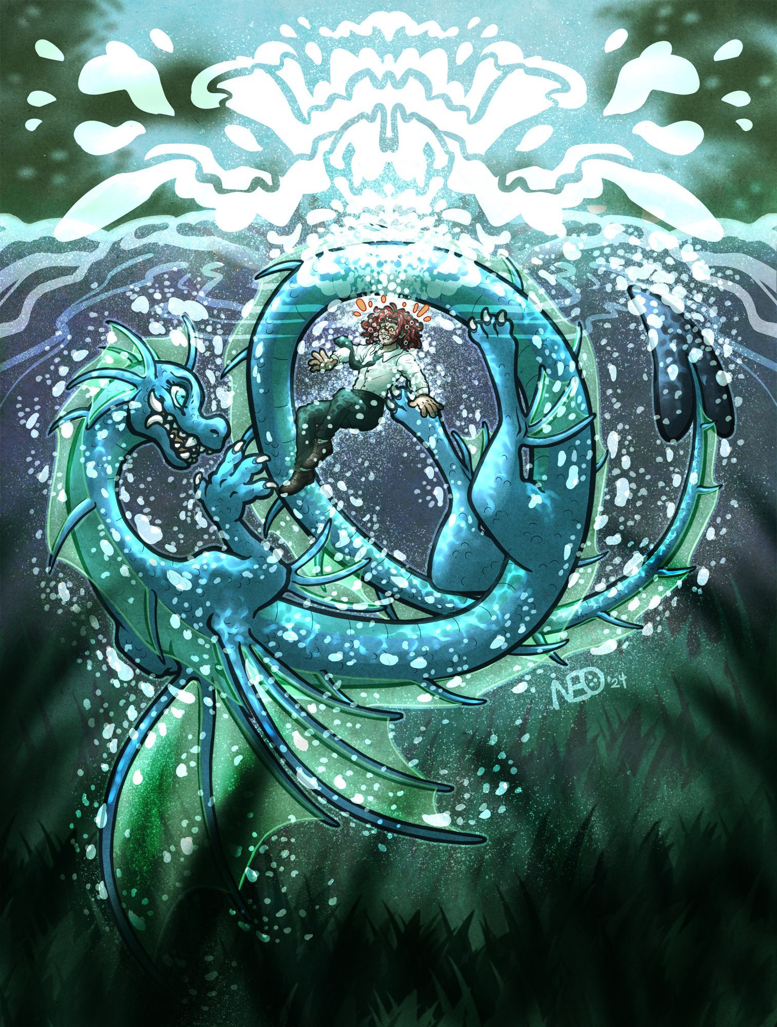 digital illustration of a water dragon swimming in a river, swirling her long body around a human man who had been dropped in by surprise. the top of the image has a large abstracted splash.