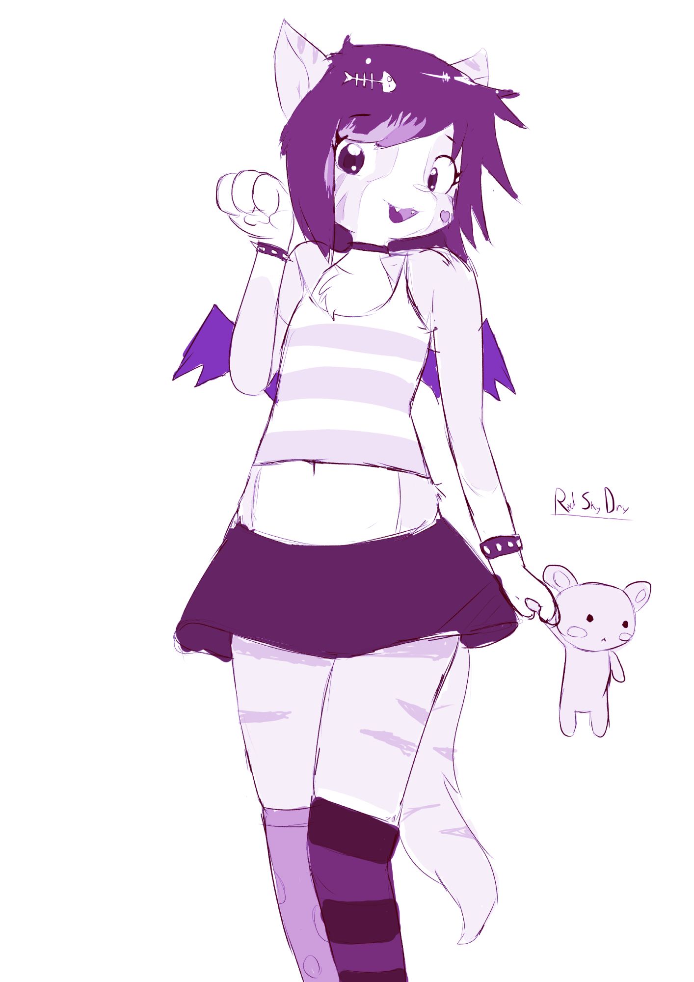 Anthro cat with wings in scenecore attire and accessories and a fishbone on her hair holding a bear plush.