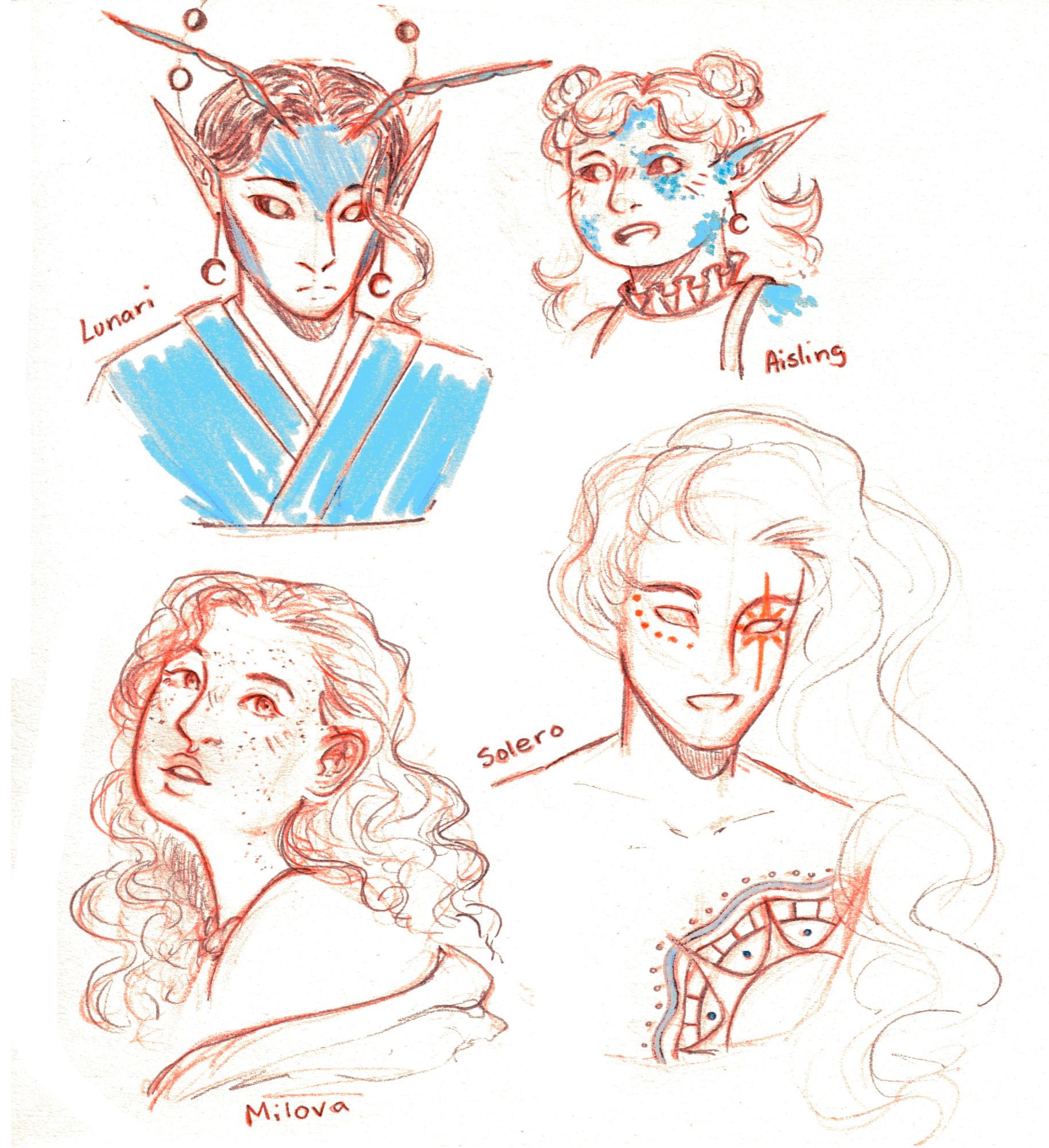 A sketchbook page of four humanoid characters— three feminine and one masculine with long hair. The top two characters have pointy ears, black sclera, and moon earrings. The bottom right character has a star tattoo covering one eye. The bottom left character has curly hair and human features.