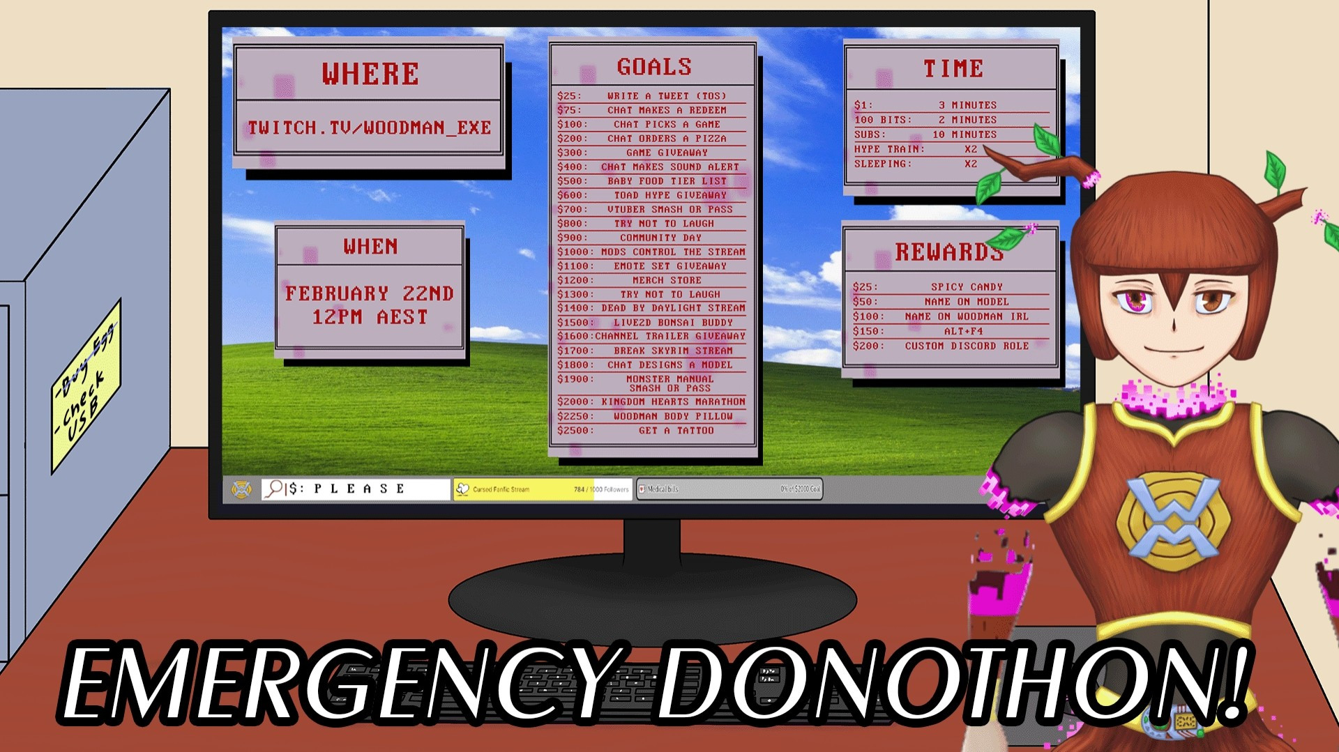 Details for the emergency donothon of woodman_exe on twitch to cover dentist costs and HRT appointments.