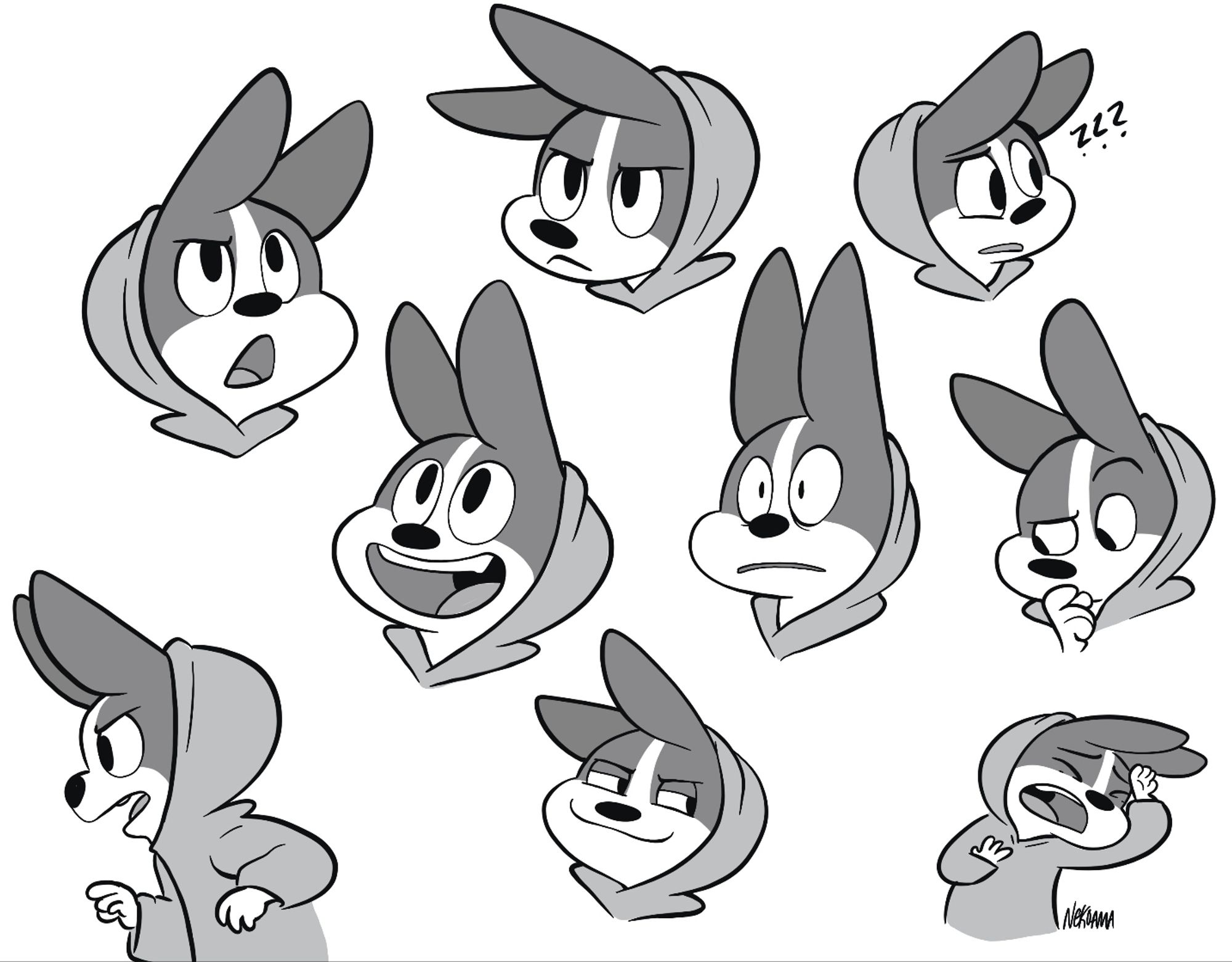 Various expressive headshots of Jade, an anthropomorphic Boston Terrier in a hoodie with the hood pulled up to push her ears forward