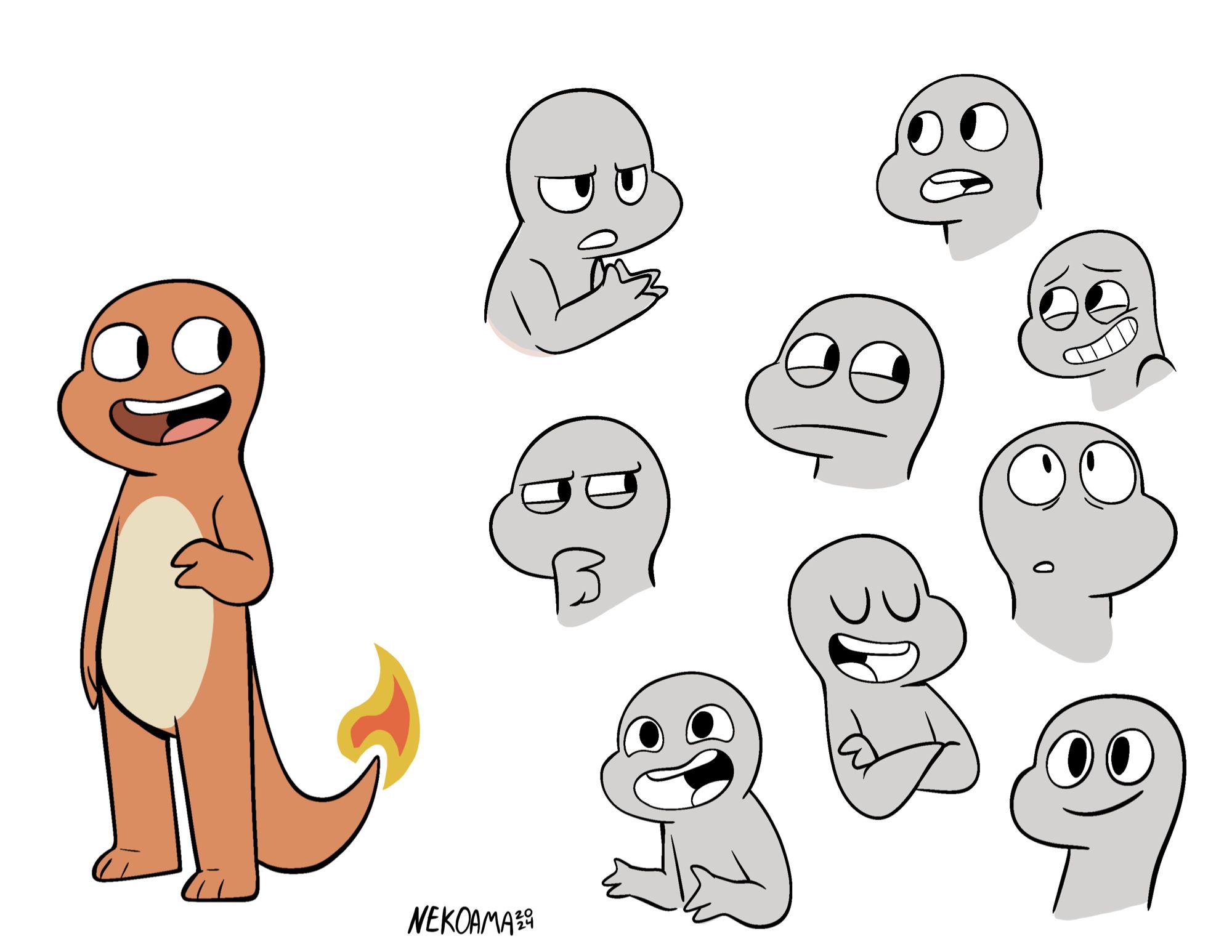 A coloured full body image of Charmander plus various greyscale expressions