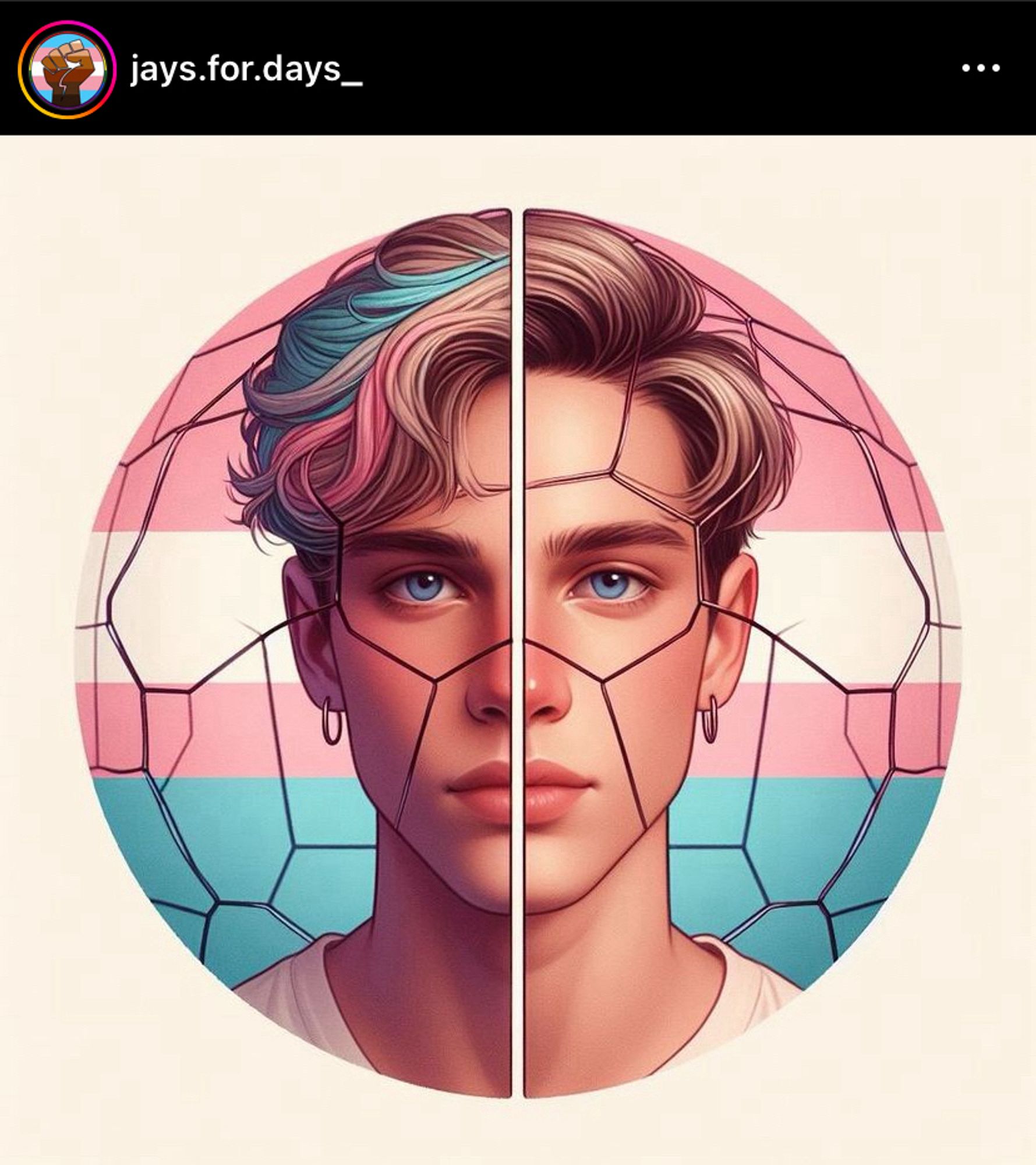 Illustratie van een voetbal met de trans kleuren en het gezicht van Jays erop