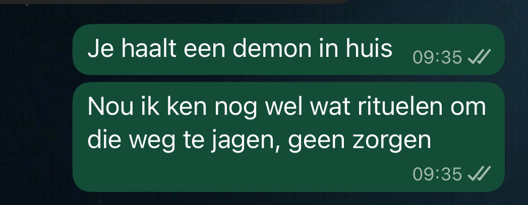 Screenshot van een appje aan mijn vriendin, die de post over duivelse Labubu's naar me stuurde. De tekst zegt: je haalt een demon in huis. Nou ik ken nog wel wat rituelen om die weg te jagen, geen zorgen 