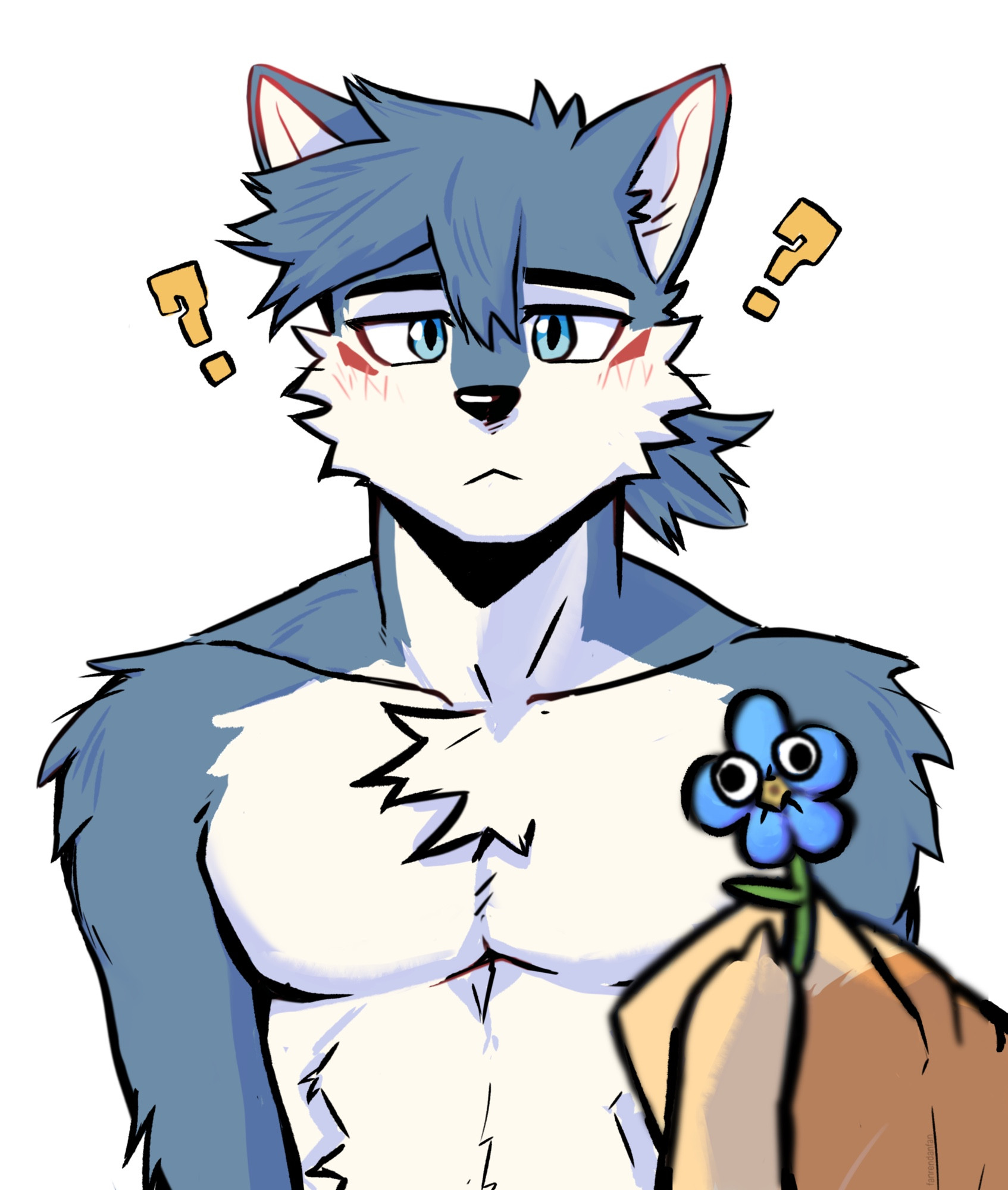 Blue wolf looking confused after given googly eyed flower by brown hand wolf