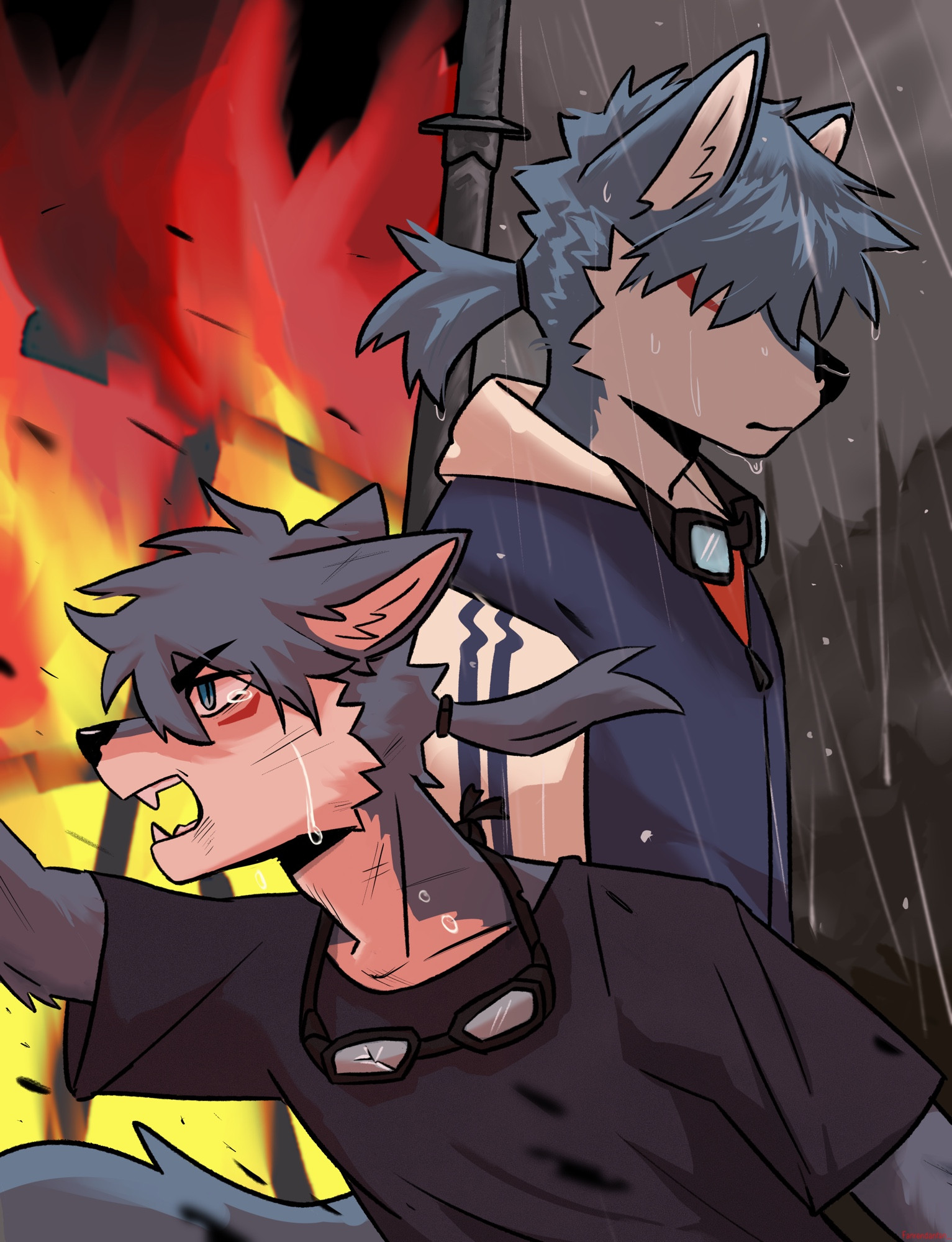 Blue wolf kid running inside a housefire crying, while his older self seems to reminiscing under heavy rain