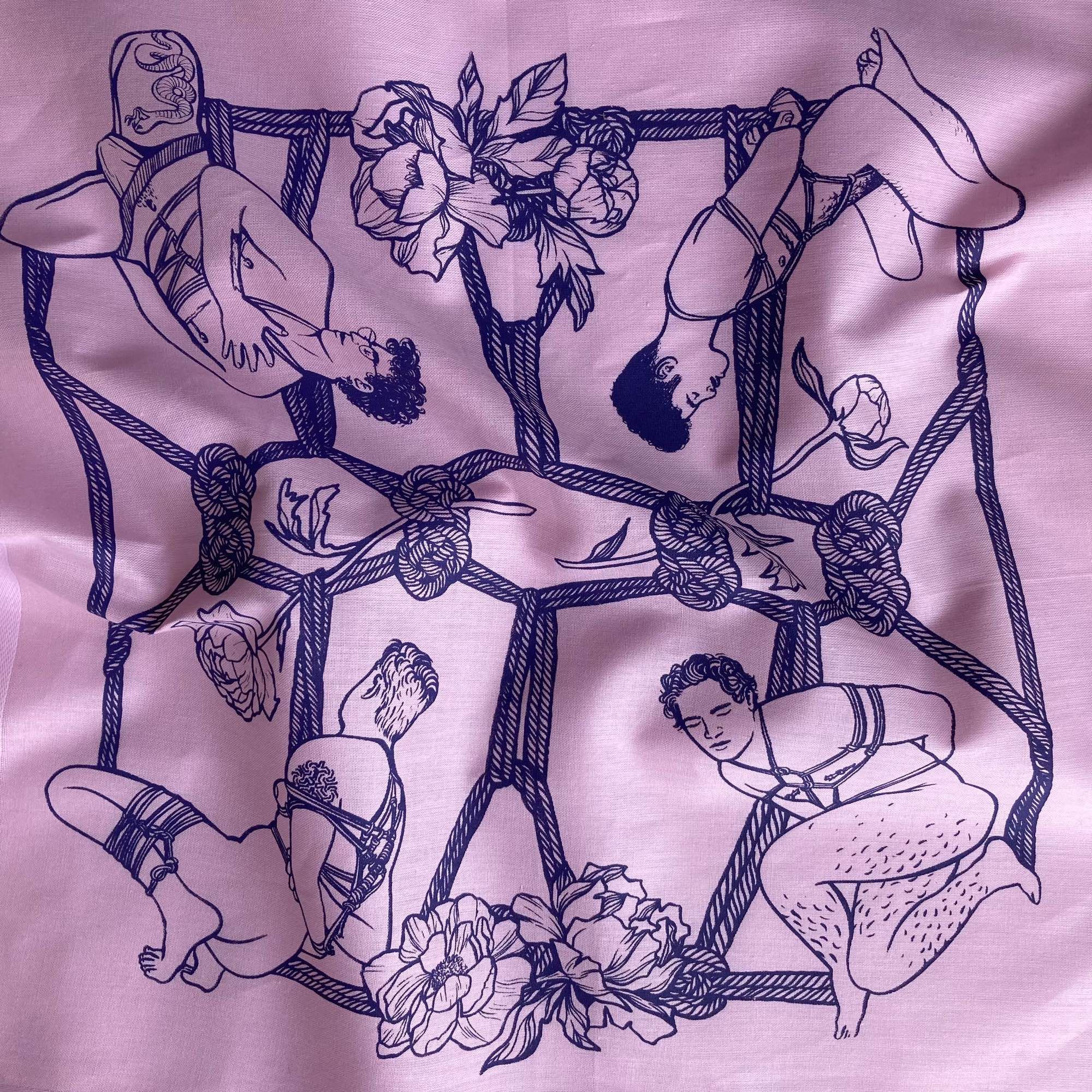 Purple on pink screenprinted design showing four transmasc bodies in bondage. The bodies are arranged in a pattern made up of rope and flowers.