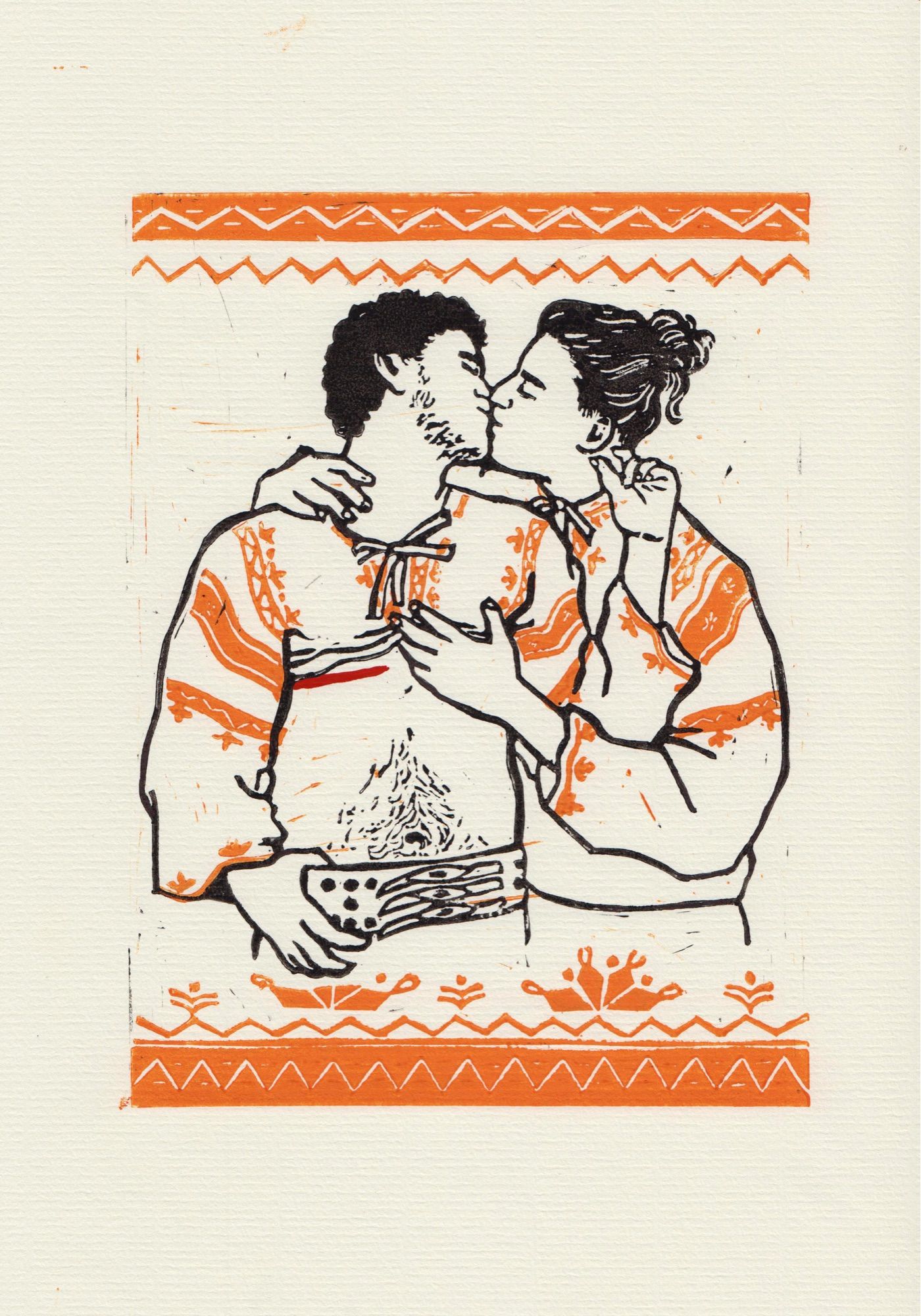 A two layer black and orange lino print of two men kissing. One of them has visible top surgery scars. The are wearing traditional embroidered folk dress from the detva region of slovakia.