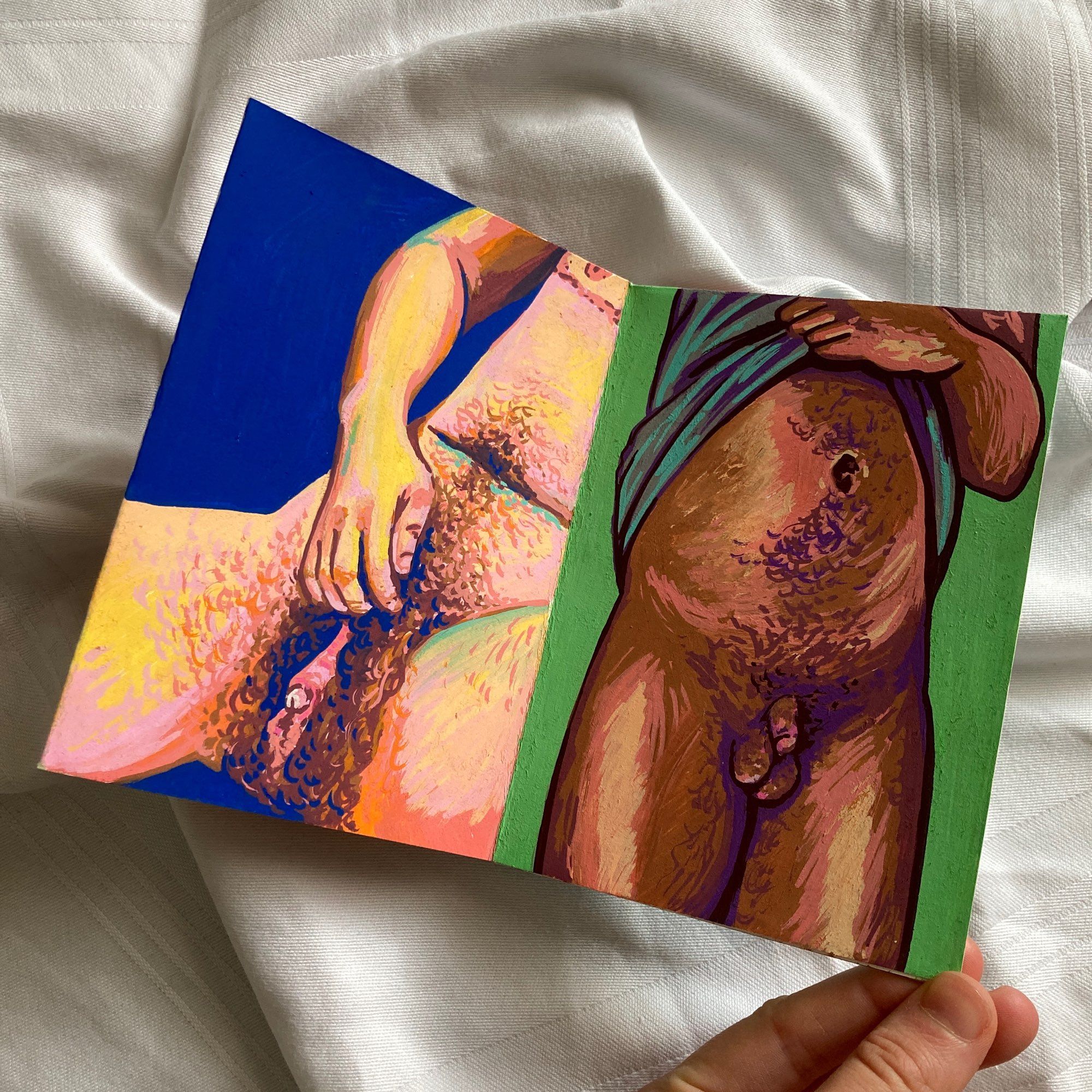 Two brigjtly coloured posca marker drawings of nude transmasc people/trans men (open to interpretation). One has pale skin and is revealing is bottom growth due to testosterone, and the other has dark skin and his pulling up his shirt to reveal his metodioplasty dick and balls.