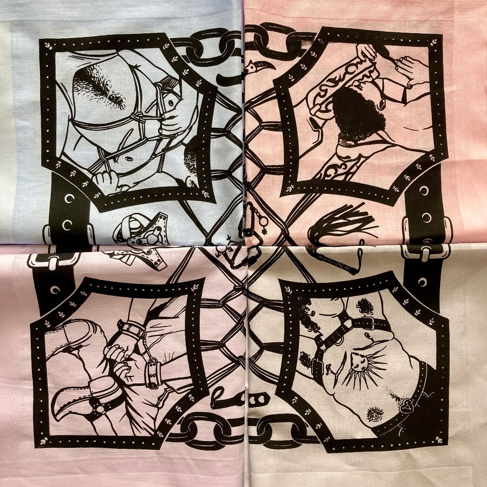 Four handkerchiefs folded in a way that shows the whole design printed on them. The design is a black pattern made up of chains, belts, rope and other kinky objects. There are four frames included in the design, each showing a trans figure engaged in a kinky act.