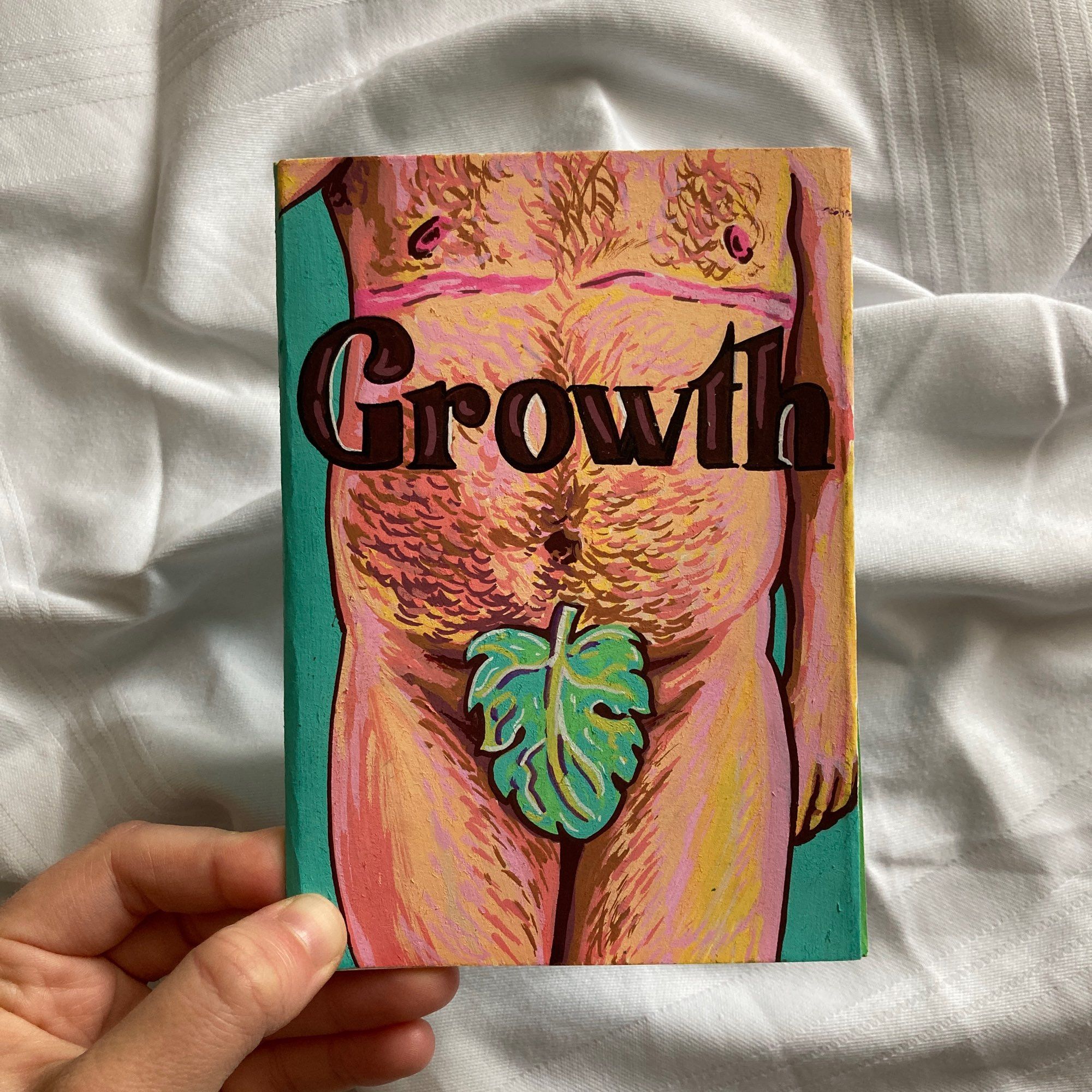 The cover of a brightly coloured zine drawn in posca markers. Depicts a fat hairy white man whith top surgery scars and a fig leaf covering his privates, with the title of the zine ‘Growth’ written in black over his stomach.