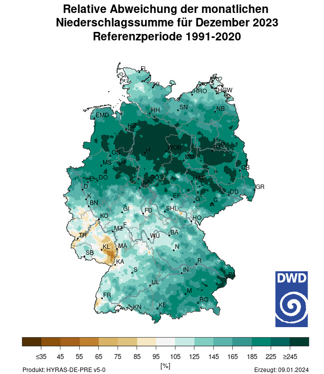 Kartendarstellung der relativen Abweichung der monatlichen Niederschlagssumme für Dezember 2023 im Vergleich zur
Referenzperiode 1991–2020 in % auf Basis des Datensatzes HYRAS-DE-PRE