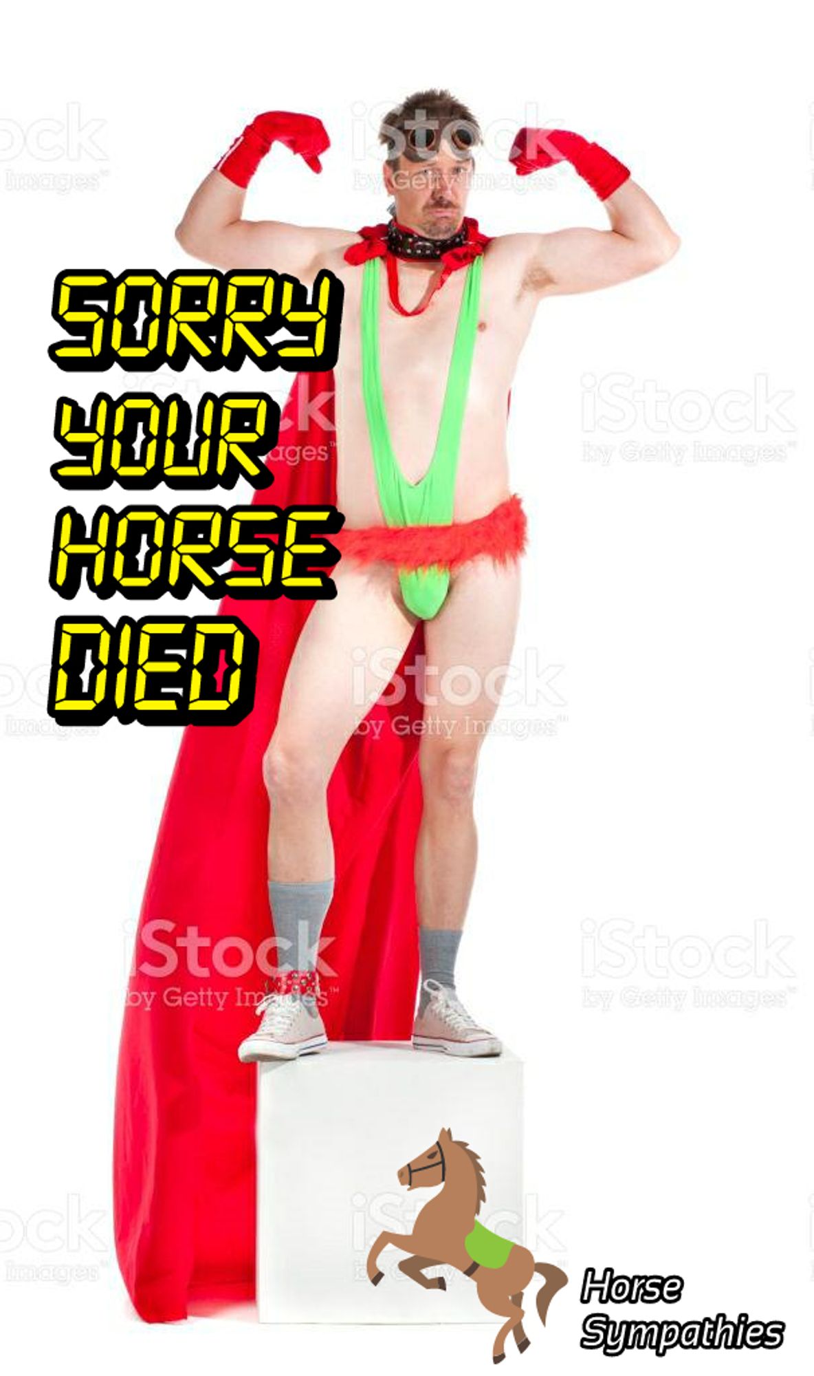 stock photo of a man in a mankini, he is flexing his arms and standing on a cube wearing a cape that makes the photo very tall. it says in a calculator font SORRY YOUR HORSE DIED. in the bottom right it has clipart of a horse and says Horse Sympathies