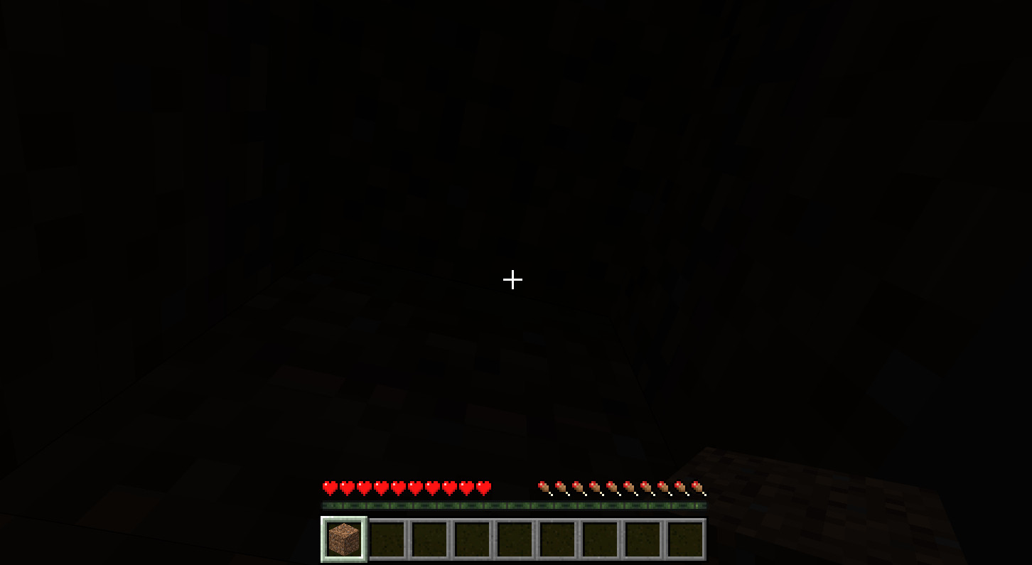 A screenshot of Minecraft. The person is in a dark hole in the ground, staring up at the dirt above them. There is no torch or light, and all they have in their inventory/hotbar is one block of dirt.