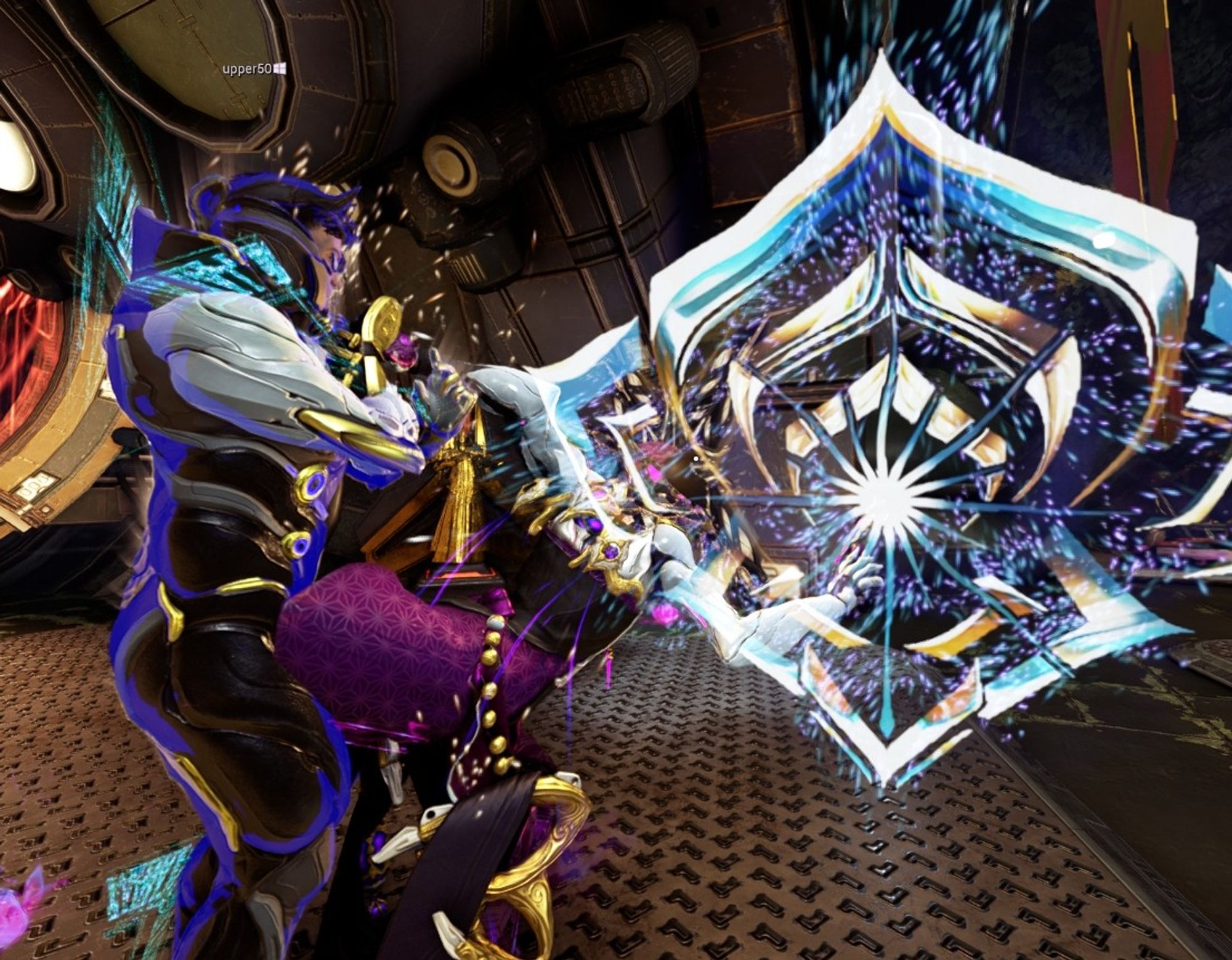 My Drifter from Warframe, doing the Tennocon 2022 emote and my friend's Drifter doing the Heirloom emote.

We've done in it such a way, it looks like I'm doing some gymnastics while he fucks me from the back while grabbing my right leg in his chest. The silhouettes are really hard to make out and there's the Tennocon 2022 logo plastered over it, obscuring half of my body.