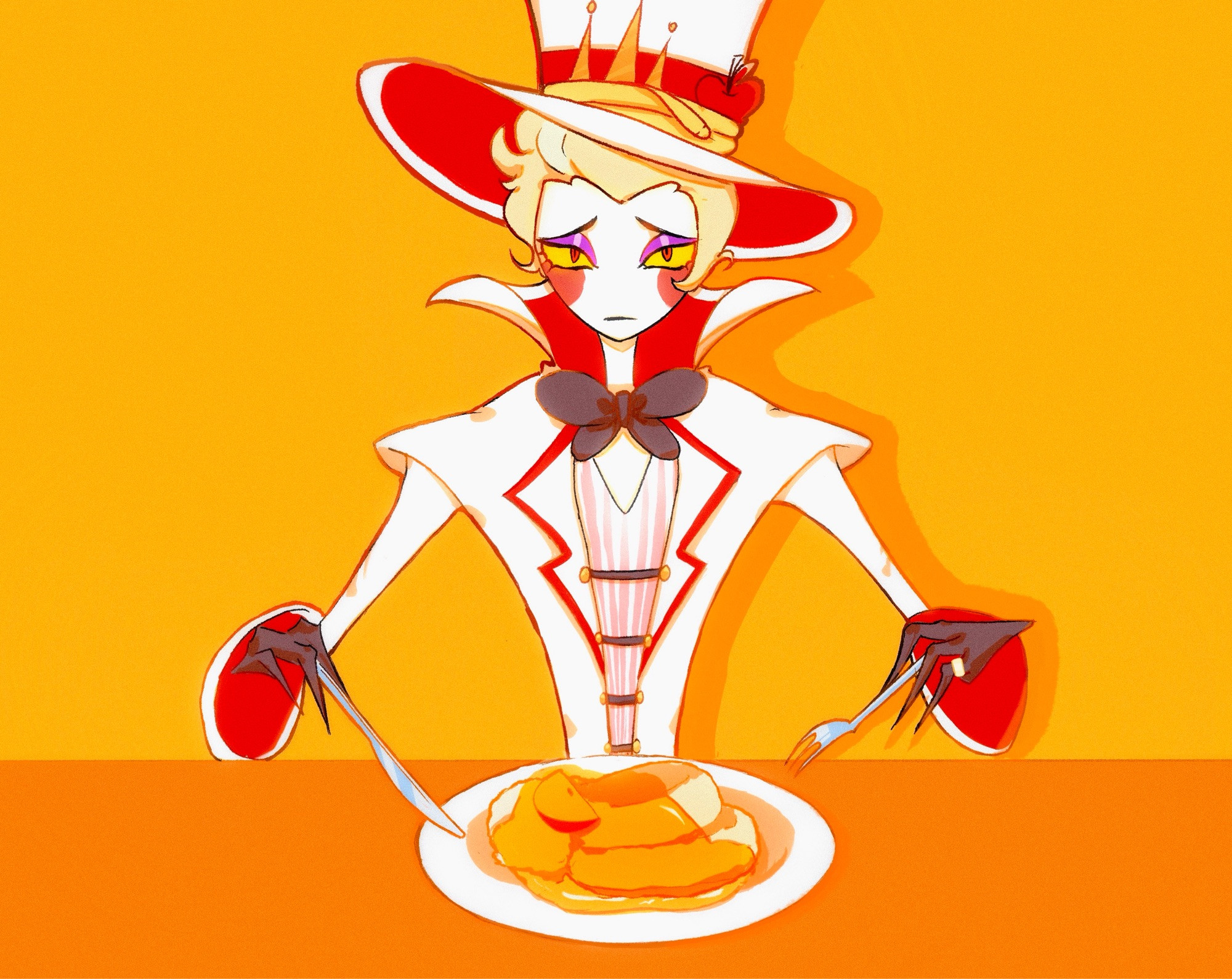 Hazbin Hotel fanart. Lucifer eating pancakes alone, waiting for Lilith, who is gone and not coming back anytime soon.