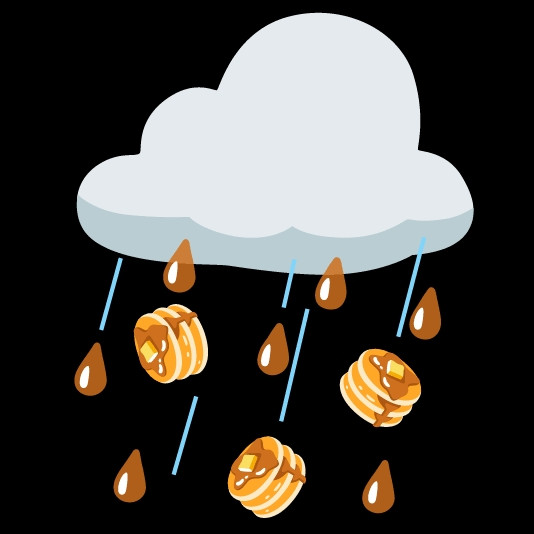 A large rain cloud emoji. It is raining stacks of pancake emojis and maple syrup drops and some water. The pancakes stacks are 3 high, topped with syrup and a pad of butter.