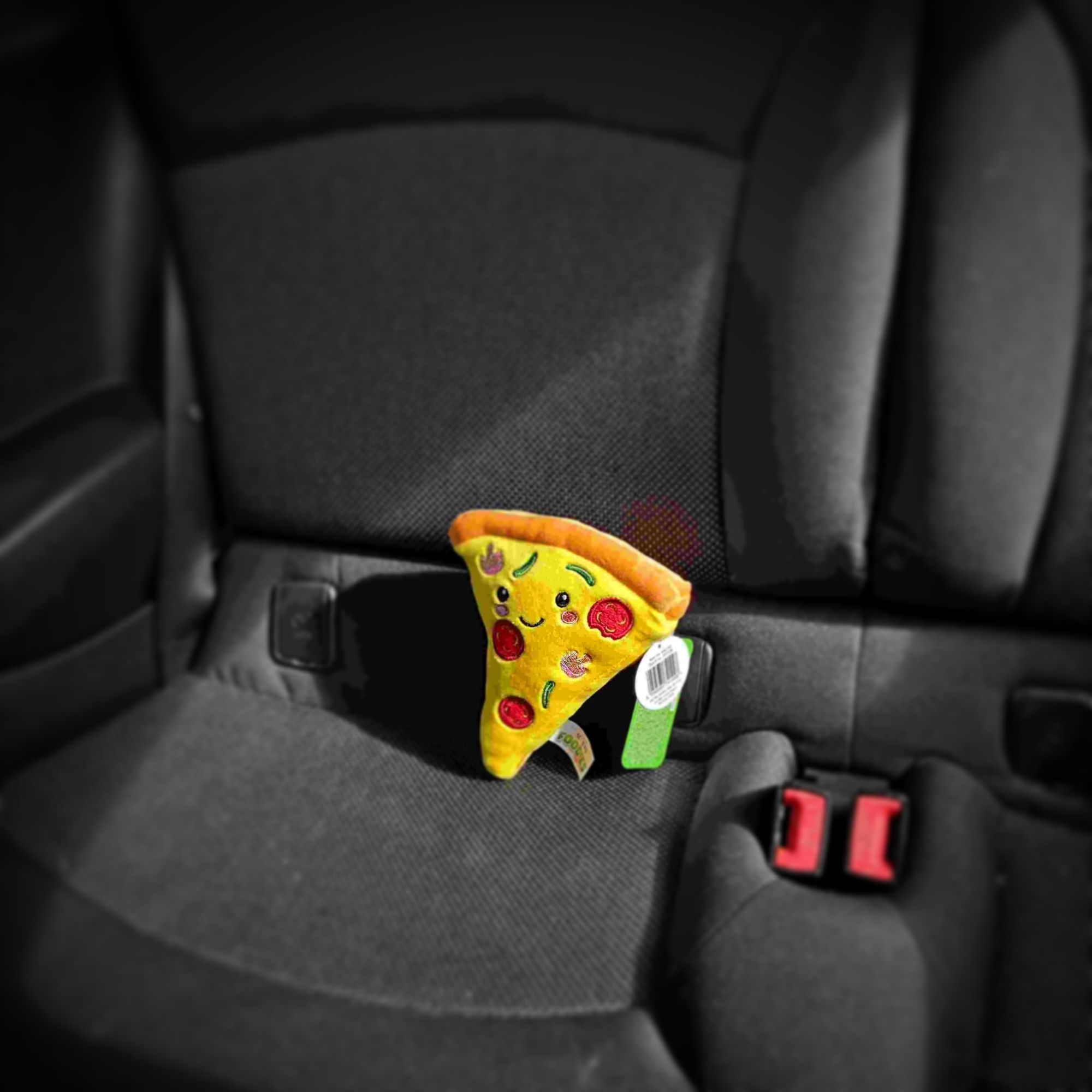 Soft toy in the form of a pizza slice with a smiley face, on the back seat of a car.