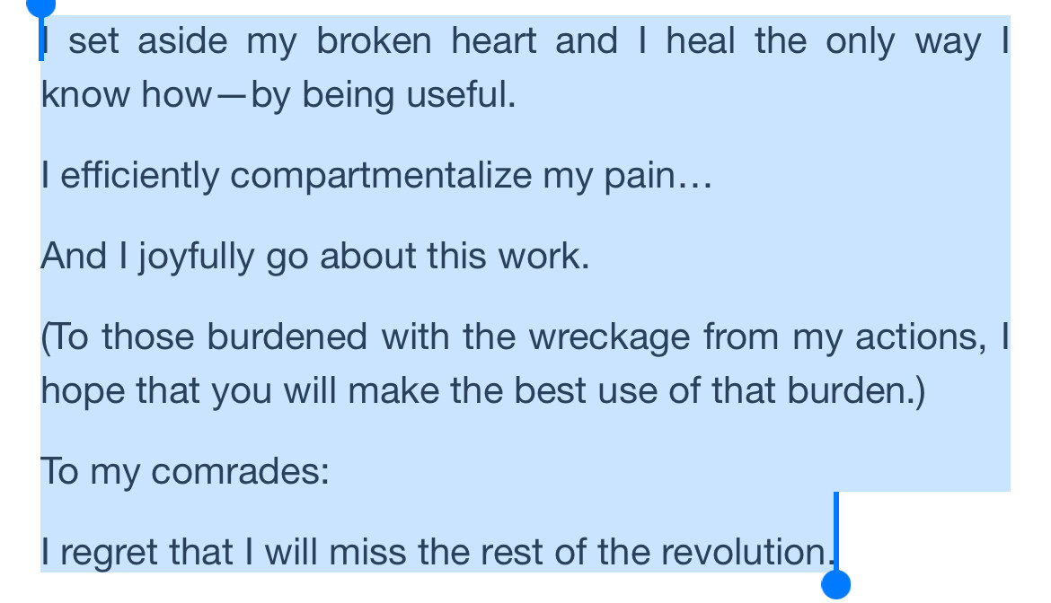 I set aside my broken heart and I heal the only way I know how—by being useful.

I efficiently compartmentalize my pain…

And I joyfully go about this work.

(To those burdened with the wreckage from my actions, I hope that you will make the best use of that burden.)

To my comrades:

I regret that I will miss the rest of the revolution.