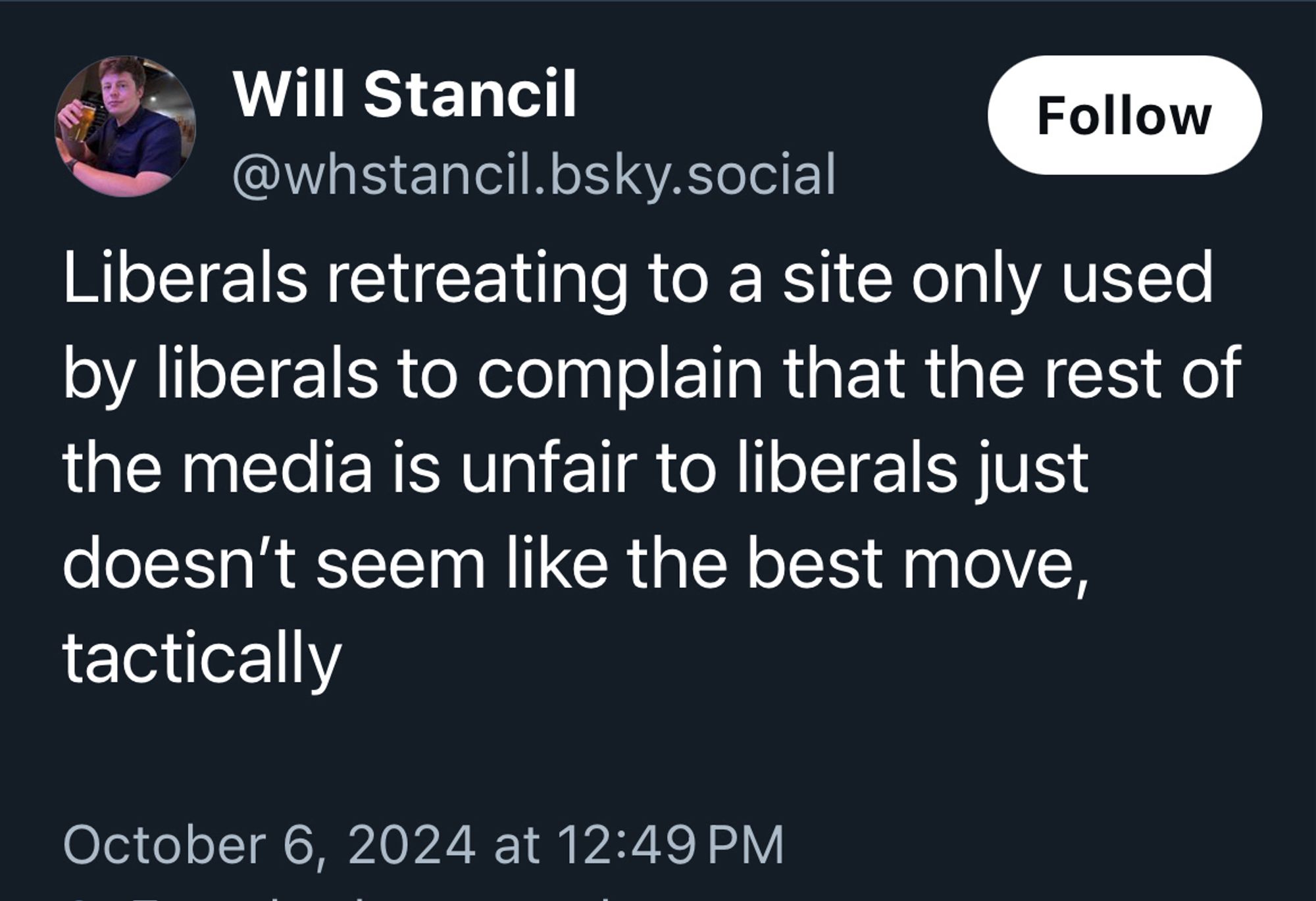 Will Stancil

@whstancil.bsky.social
Liberals retreating to a site only used by liberals to complain that the rest of the media is unfair to liberals just doesn't seem like the best move, tactically
October 6, 2024 at 12:49 PM