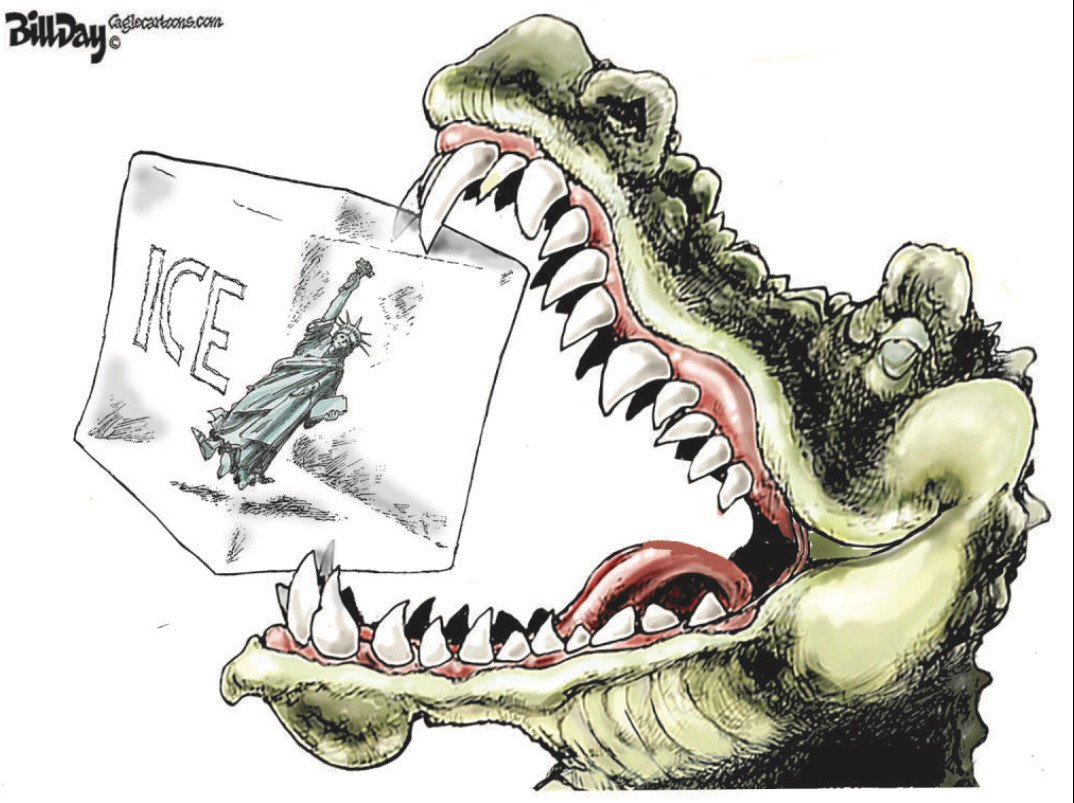 Political cartoon titled "Alligator Alcatraz," depicts an alligator with its jaws open, about to consume a block of ice with the Statue of Liberty embedded within it. 