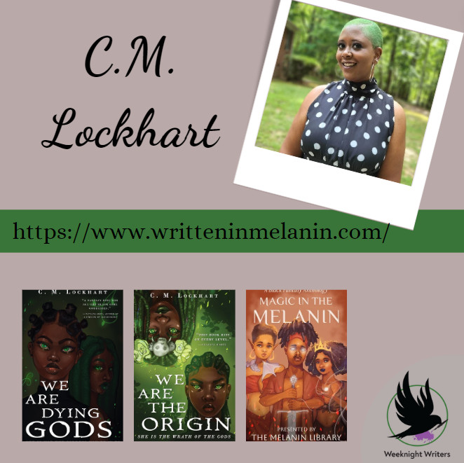 photos show a smiling black woman with very short green hair, as well as the covers of three books titled: We Are Dying Gods, We Are The Origin, and Magic In the Melanin.