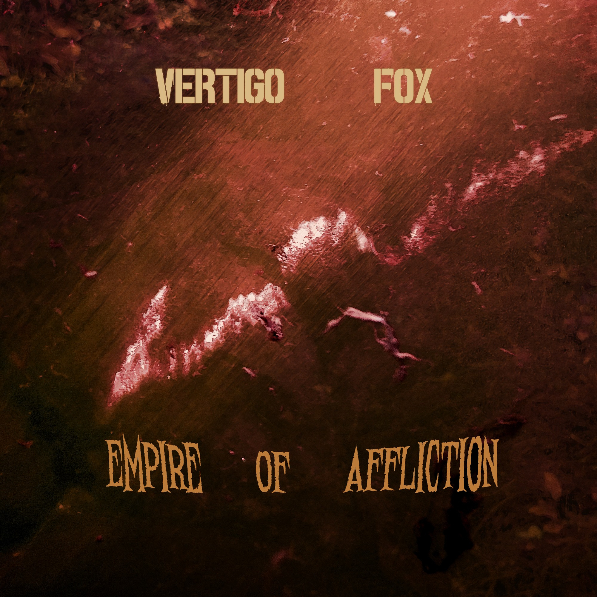 Front cover for Empire of Affliction featuring a... difficult-to-describe abstract design
Both images also feature the album title and Vertigo Fox name in fonts that I thought looked interesting but might just be needlessly edgy :)