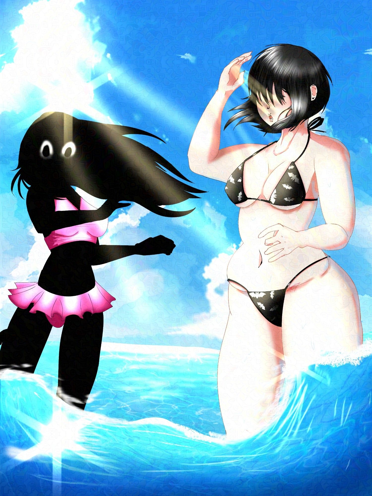 One character that is fully all black with scary analog horror-stic eyes staring at the camera in the water among with another girl character in the ocean covering her face from the sun.