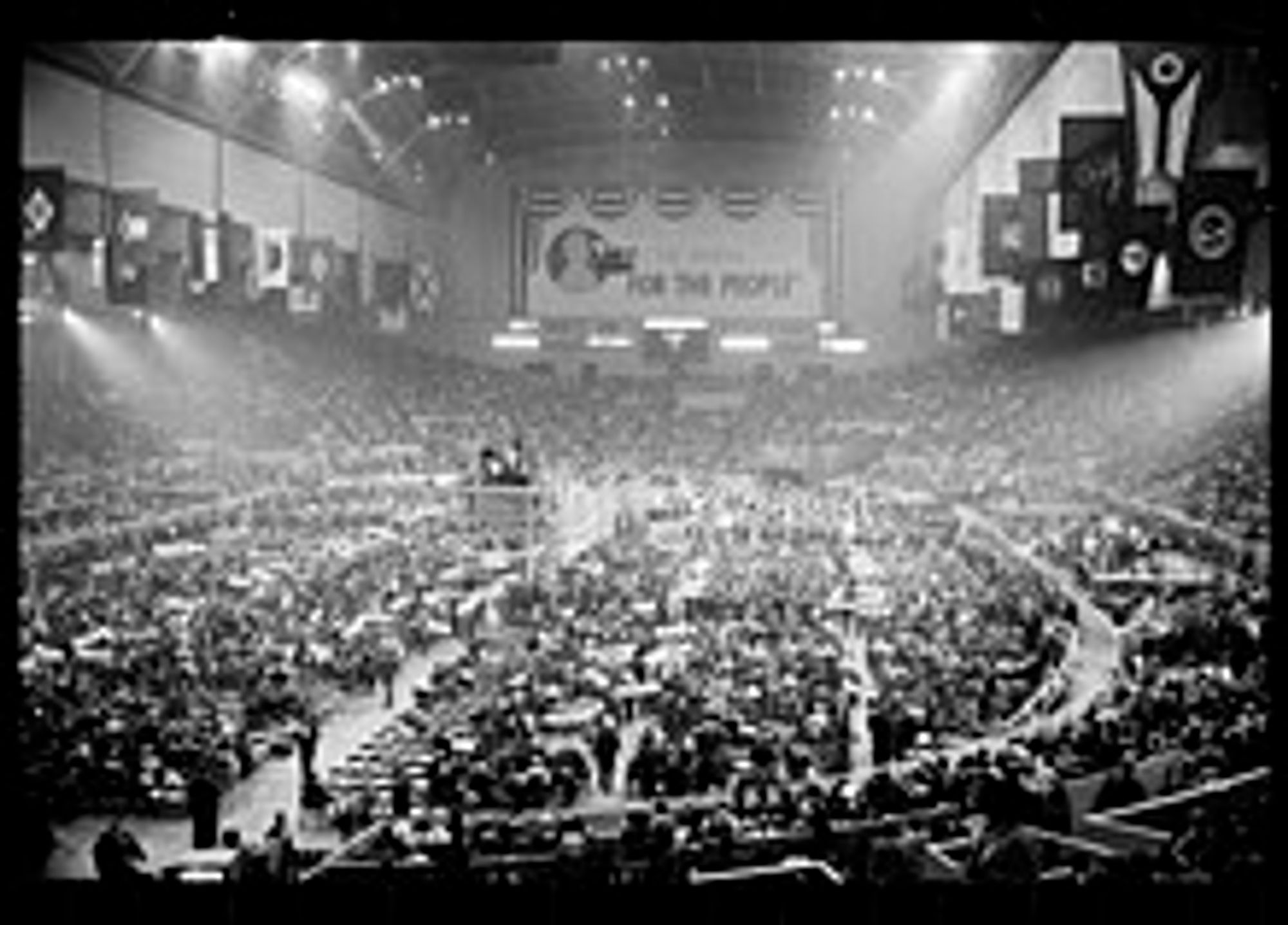 The Cow Palace near San Francisco in the 1960s or 1970s during some kind of event, a haze over the proceedings